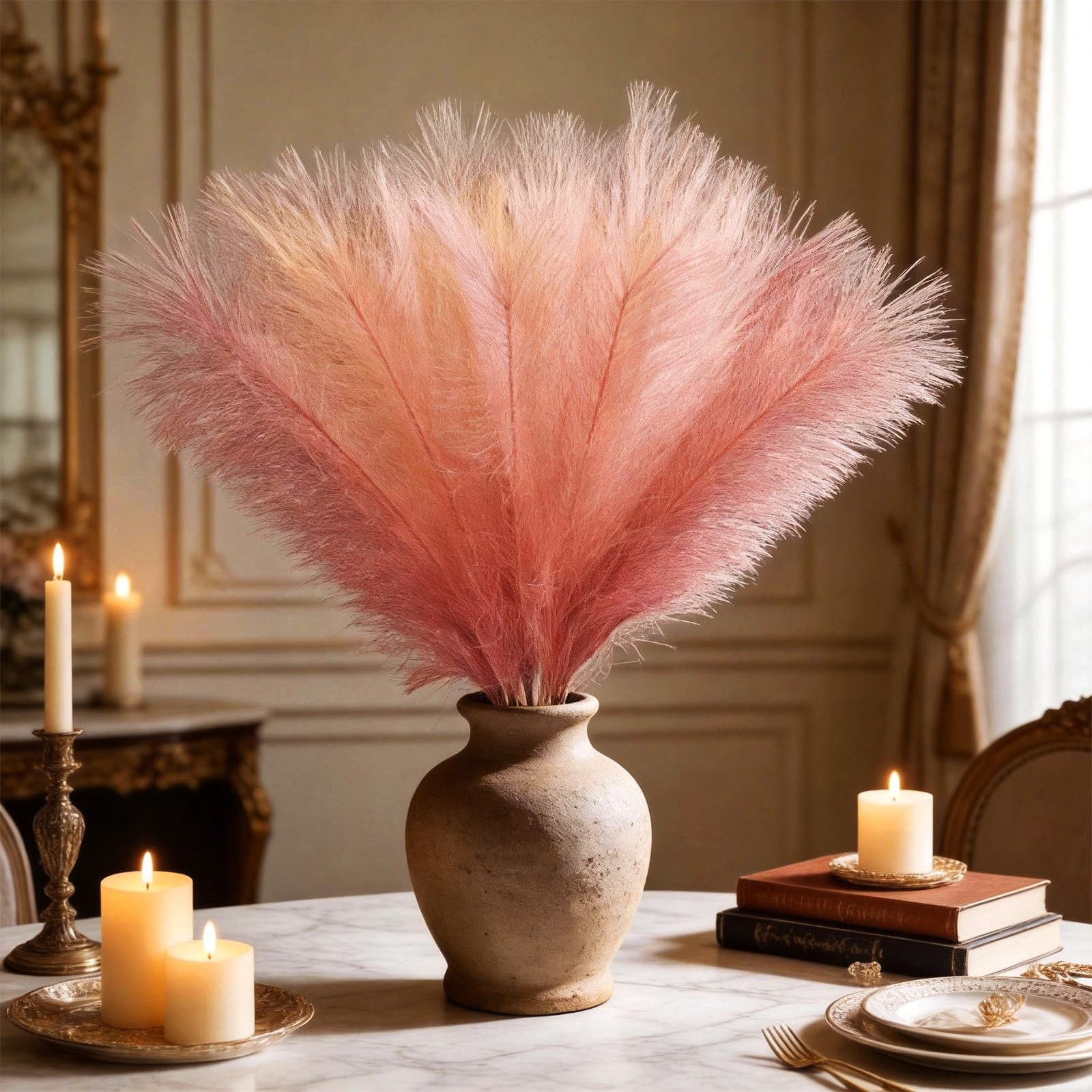 50pcs Pink Pampas Grass 21.6 Inch Non-Shedding Faux Pampas in Light Pink,Pink