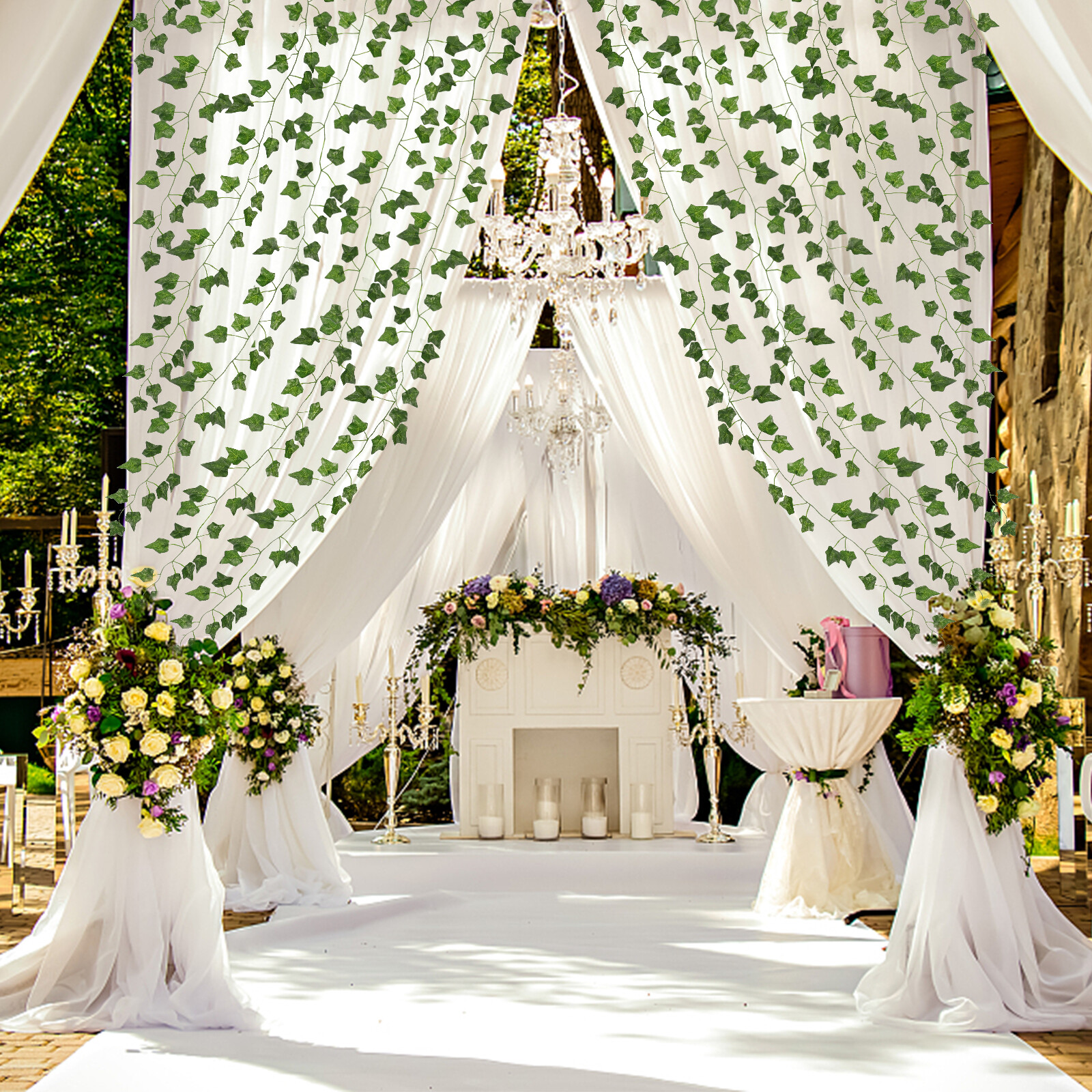 EZFLOWERY 120 Strands 840 Feet Artificial Ivy Vines Leaves, Silk Garland Fake