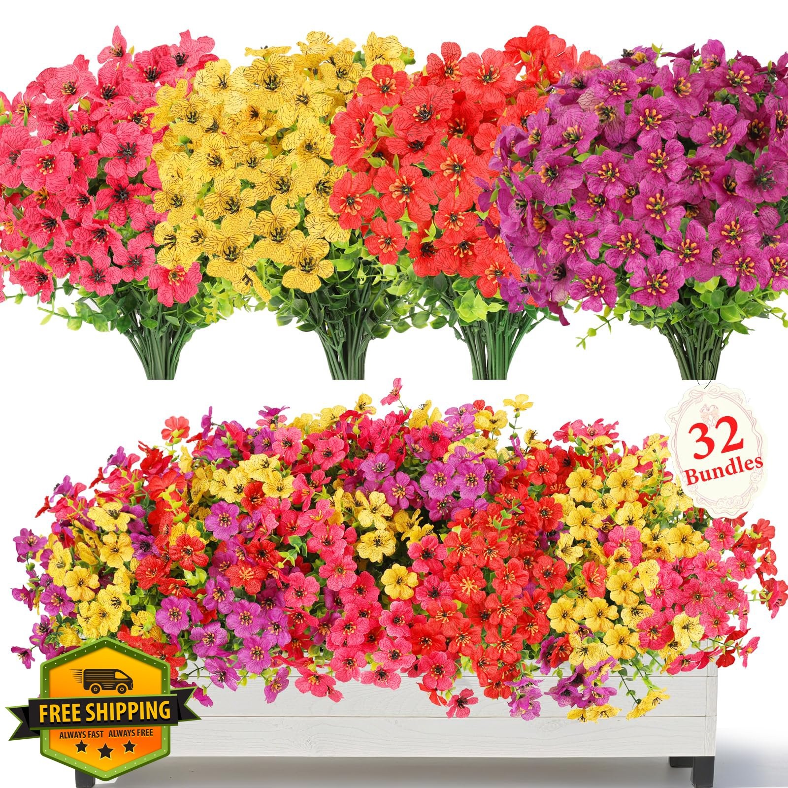 SAEUYVB 32 Pcs Artificial Flowers Red Hot Pink Yellow Purple