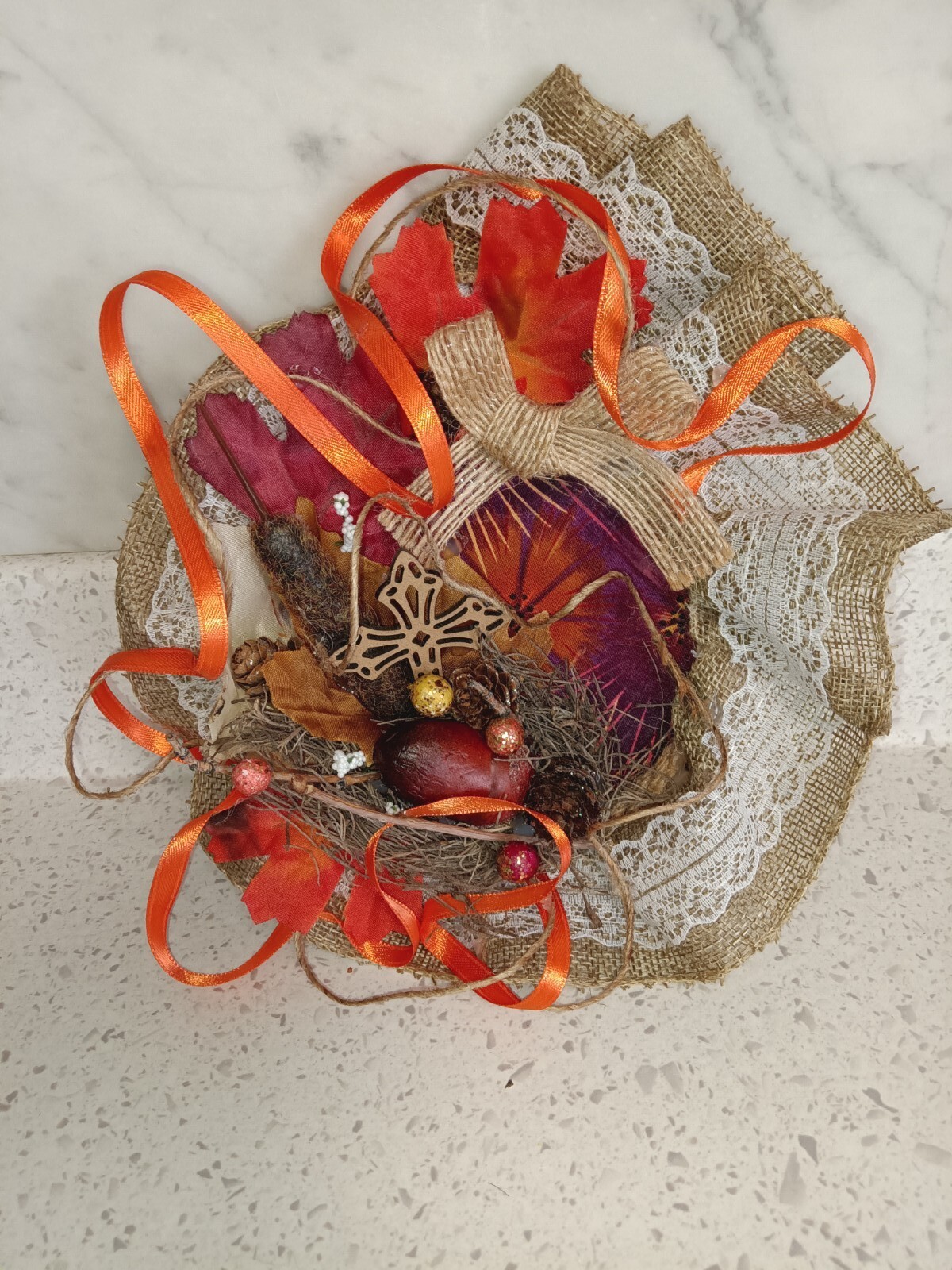 Fall Ring Wreath Decoration fabric leaves pine country Trinkets Twine Burlap