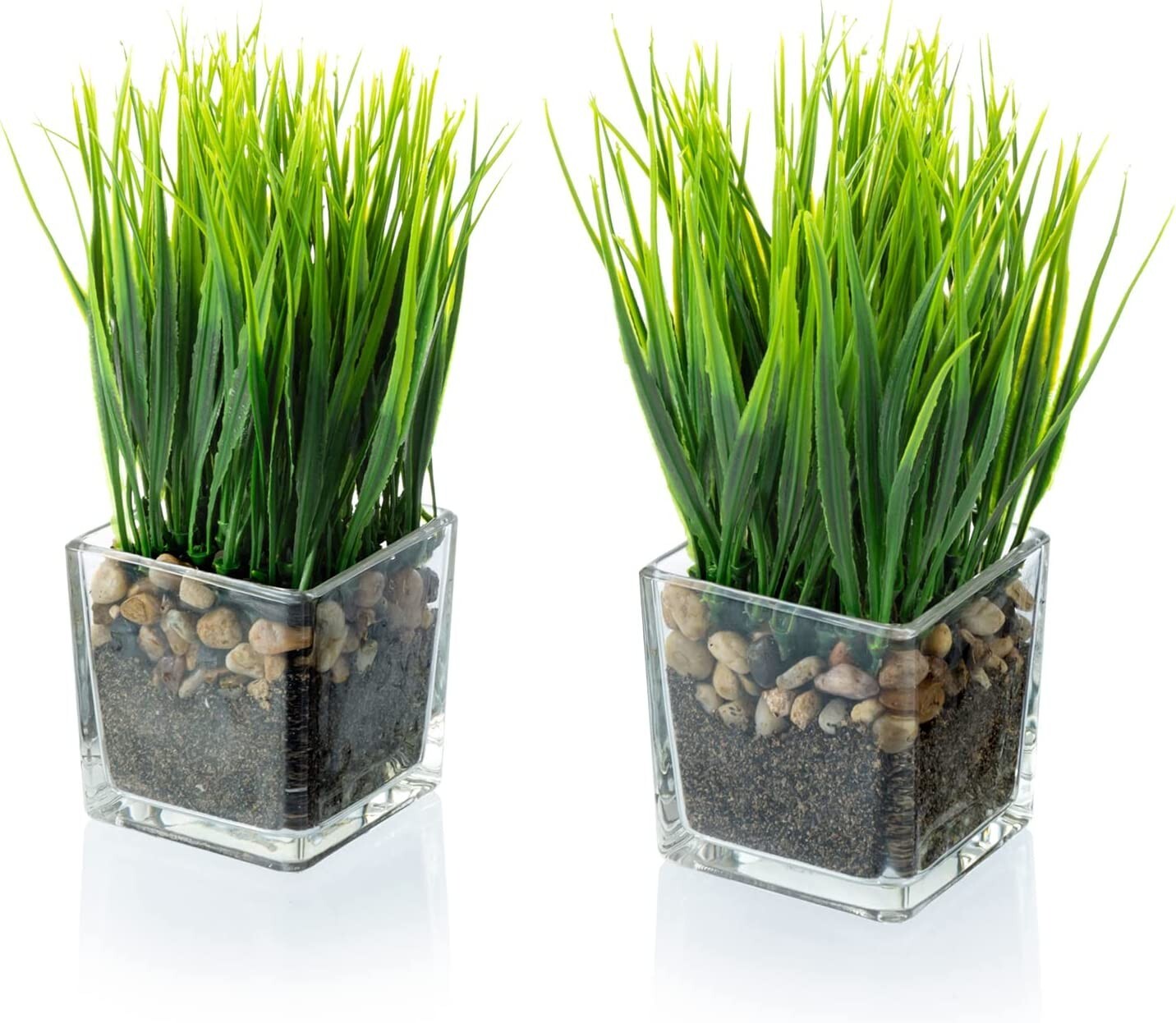 Artificial Grass Plants in Clear Glass Pots w/ Faux Pebbles & Soil, Set of 2