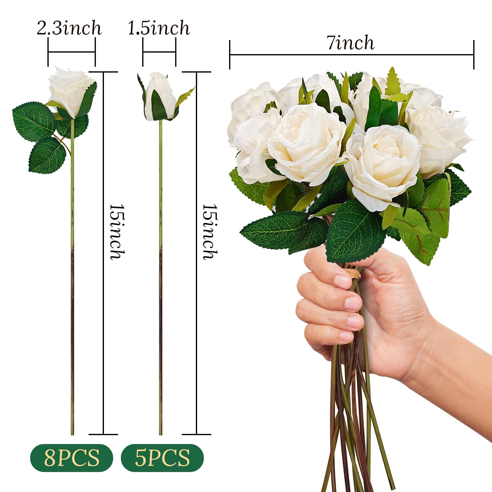 13PCS Cream White Artificial Roses, Fake Rose Bouquet Realistic Faux Rose Flo…
