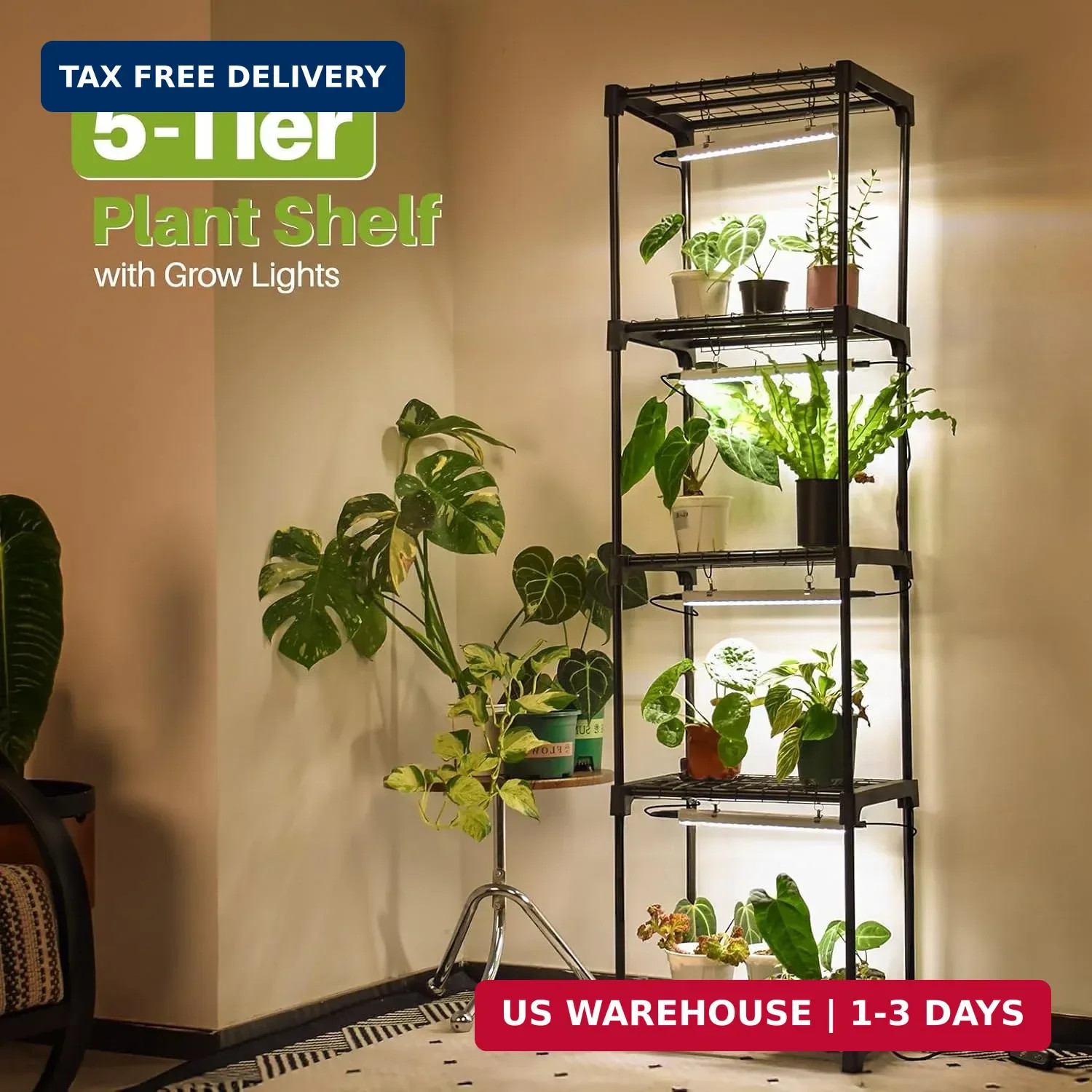 Plant Shelf with Grow Light, 5 Tier Plant Stand with Grow Light, Metal Plant Rac