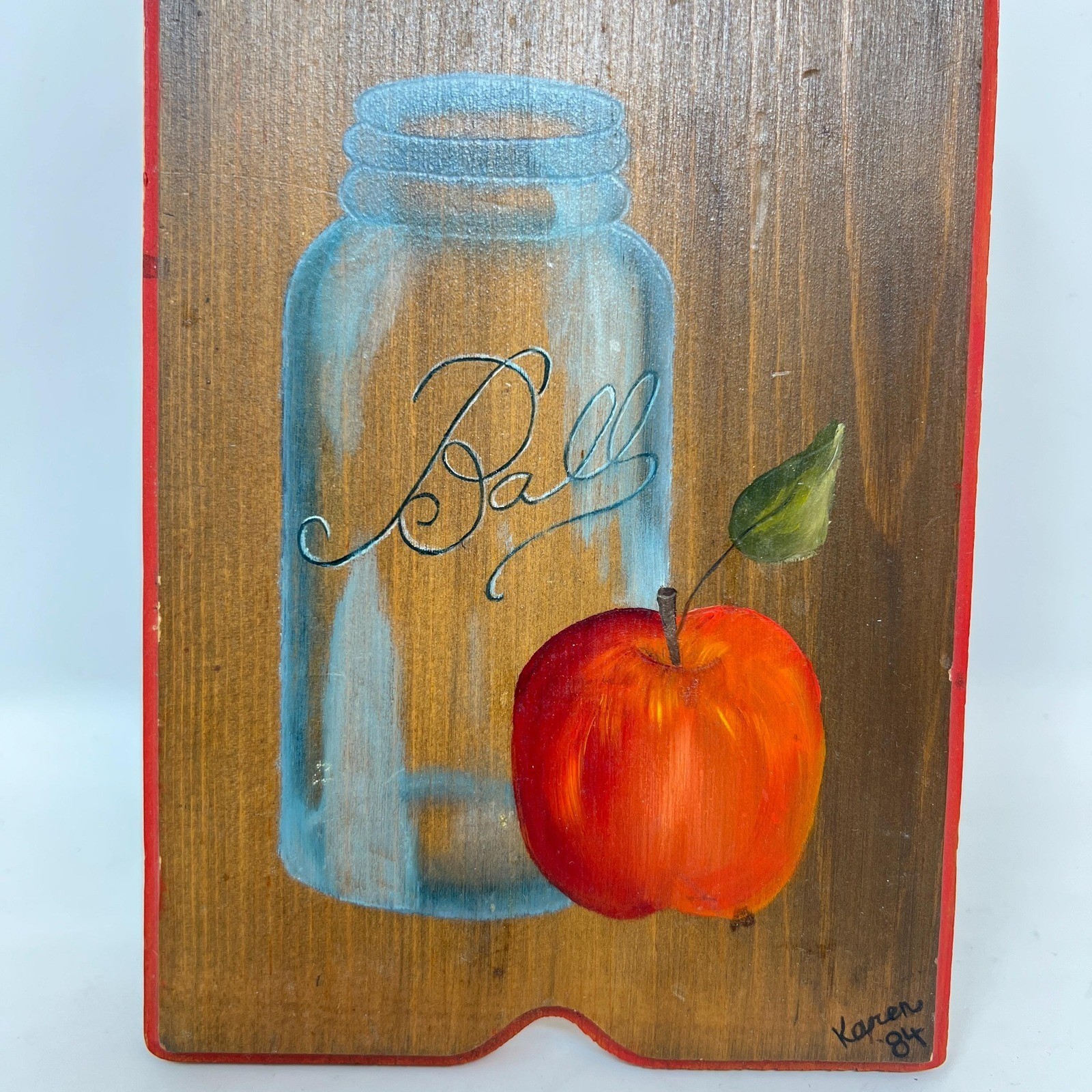 Vintage Painted Wooden Cutting Board Apple Ball Jar Wall Decor 11.5″ Signed