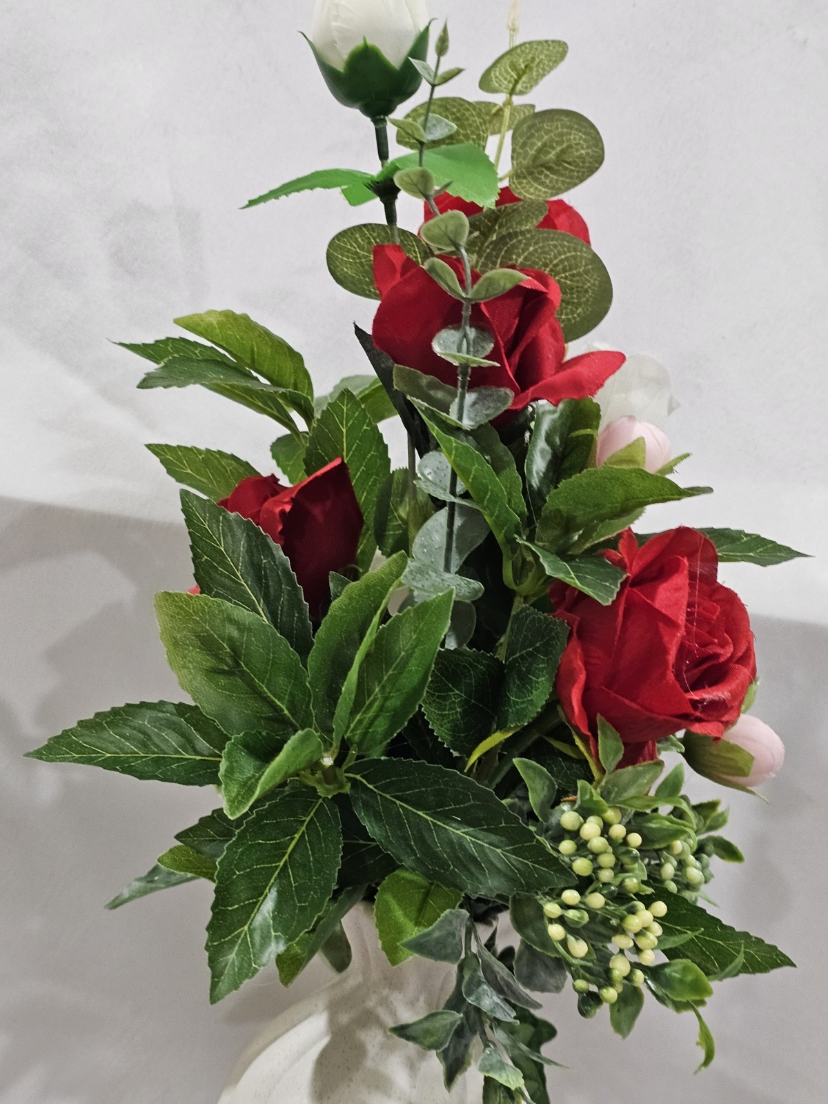 Artificial Red Rose w/white Florwer Arrantement 7″ white vase Total 18″x9 12″
