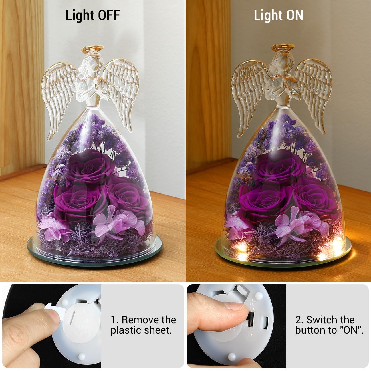 Preserved Rose Glass Angel Figurines Gifts for Mom Grandma, Purple
