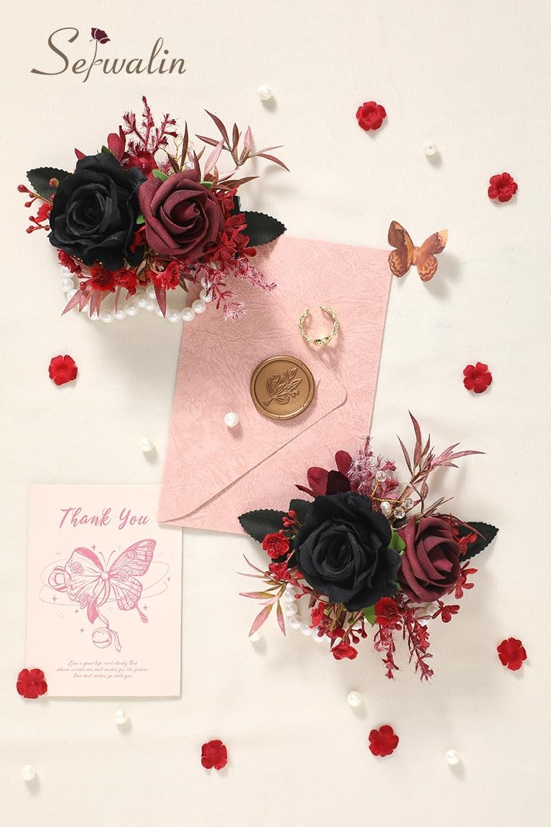 Set of 2 Black Burgundy Wrist Corsage for Wedding 6-7″ Bridesmaid Flowers