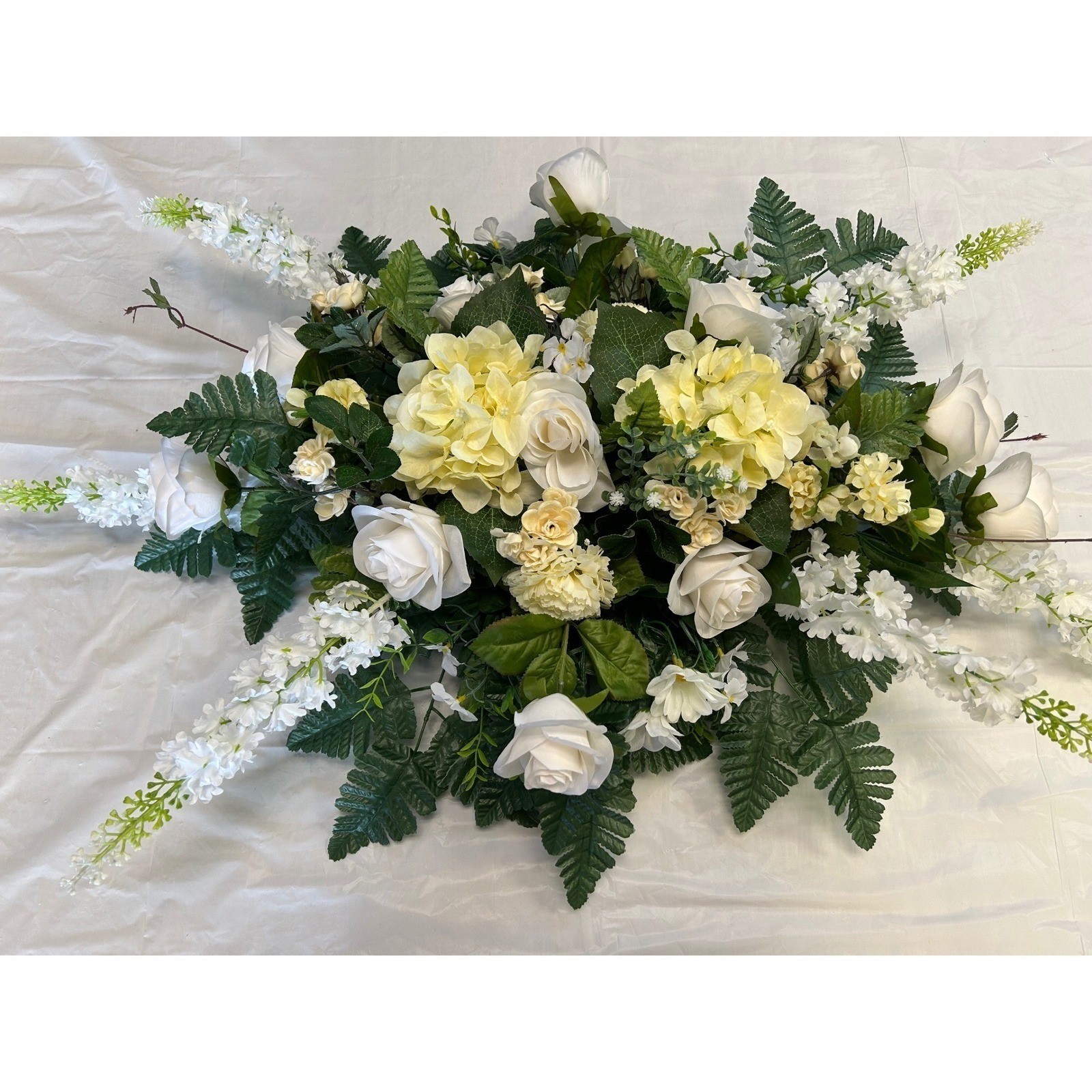 White Rose Yellow Hydrangea Silk Floral Saddle Cemetery Spray Wedding Centerpiec