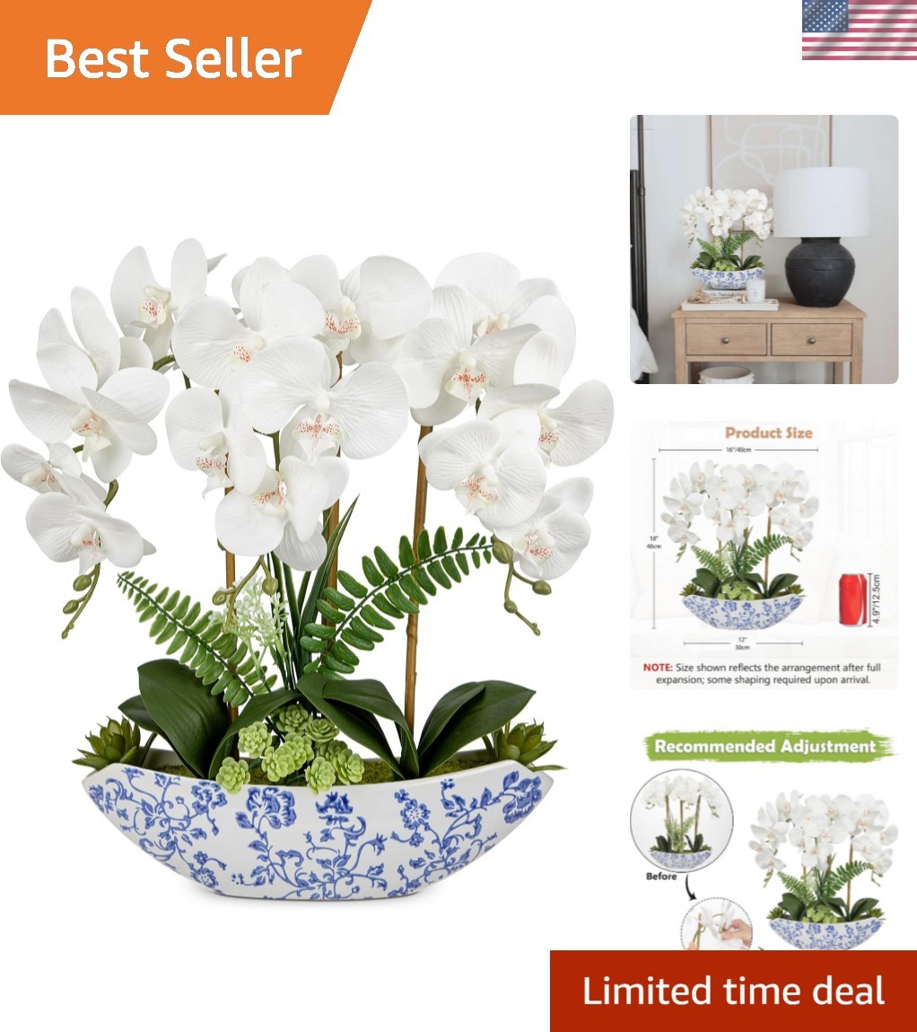 Lifelike 18in White Silk Orchid Centerpiece in Stylish Ceramic Vase for Any Room