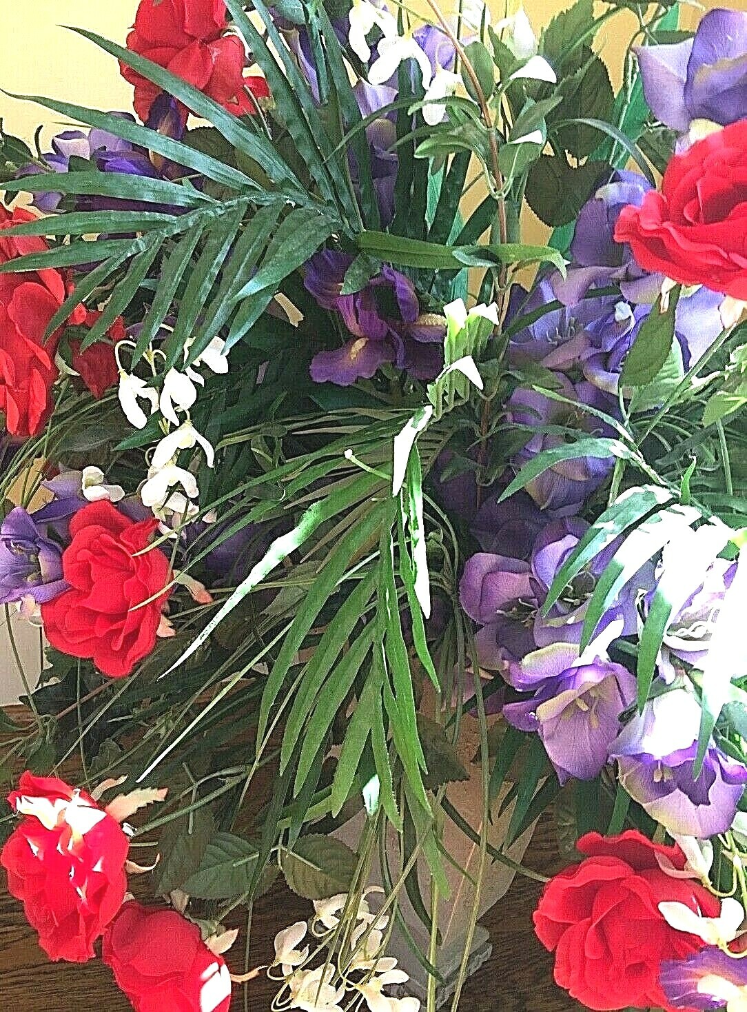 Large Silk Flower Centerpiece – Red Roses, Iris, Green Leaves – 37″x 33″