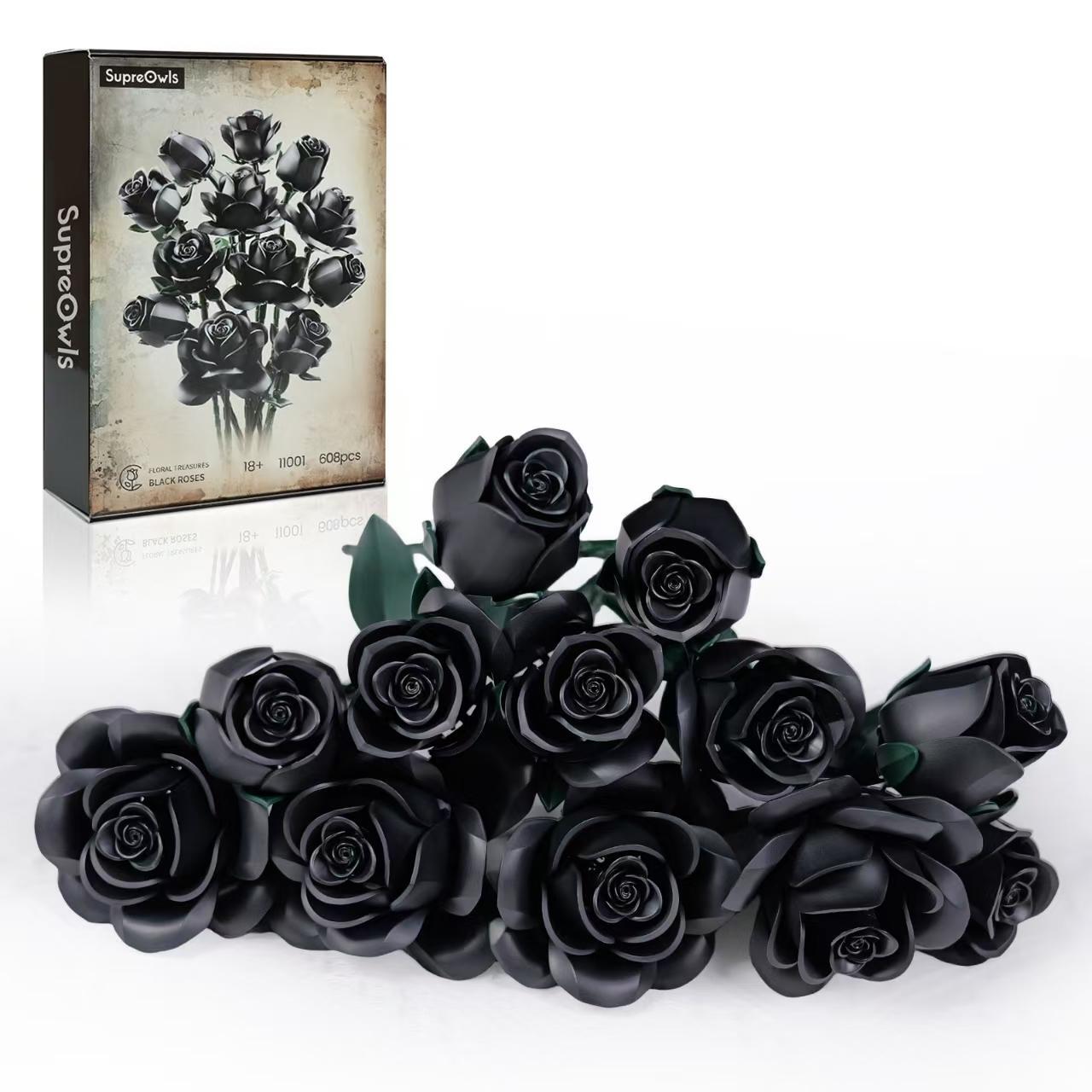 Black Rose Bouquet Building Blocks Set Simulated Flowers Plant Home Decoration