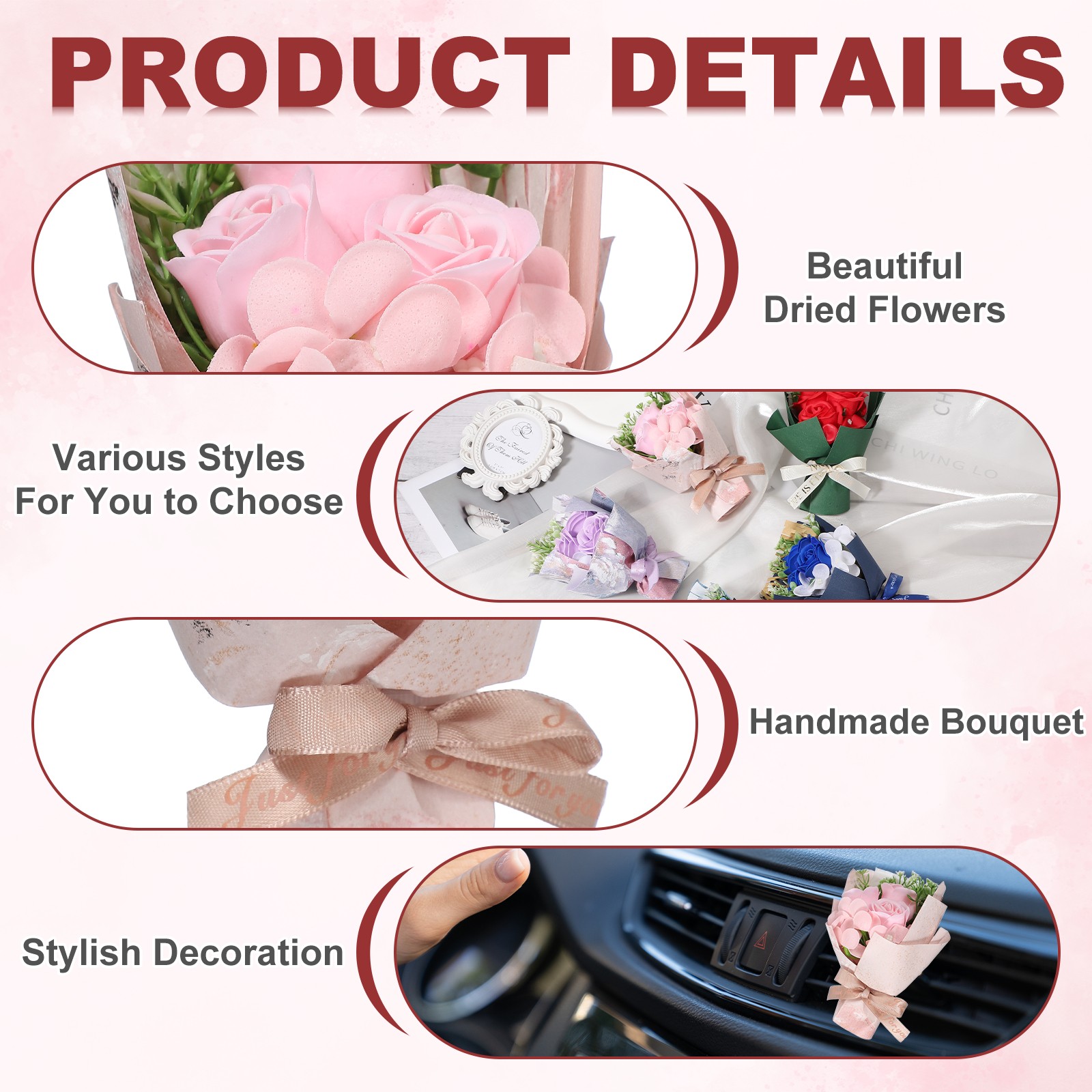 Pink Rose Dried Flower Bouquet, Car Vent Clip Scent Diffuser, Style 1