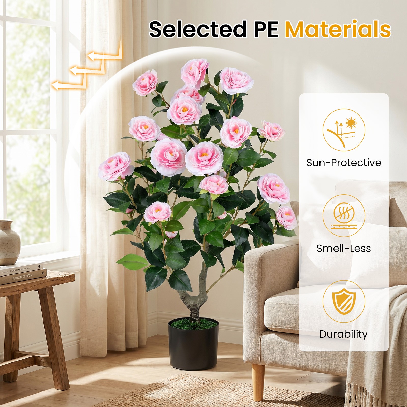 Artificial Camellia Tree, Faux Flower Plant in Cement-Filled Pot, Indoor Outdoor