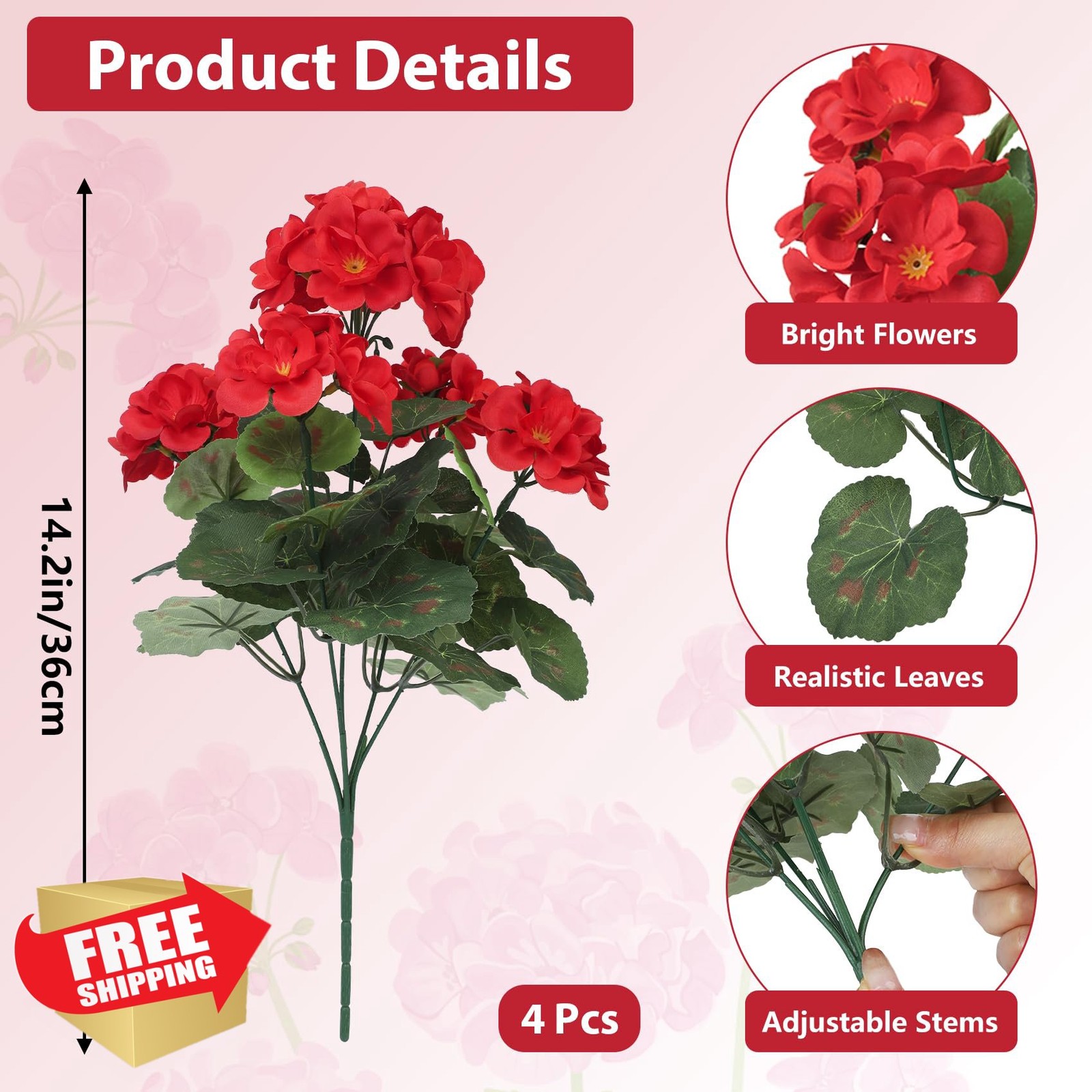 Red Silk Geraniums 4 Pcs UV Fake Flowers Outdoor Garden Planter Decor