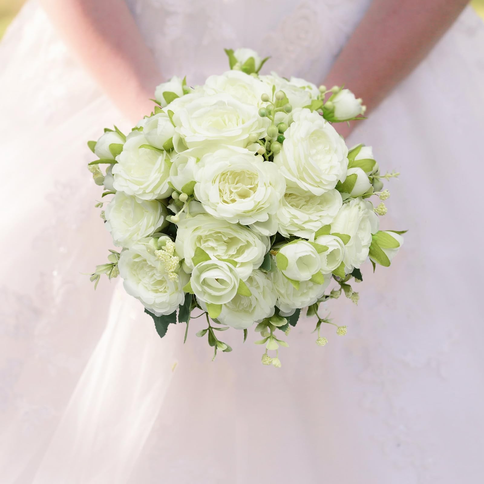 2 PCS Artificial Flowers Bouquet 10 PCS Austin Rose Heads White Peonies