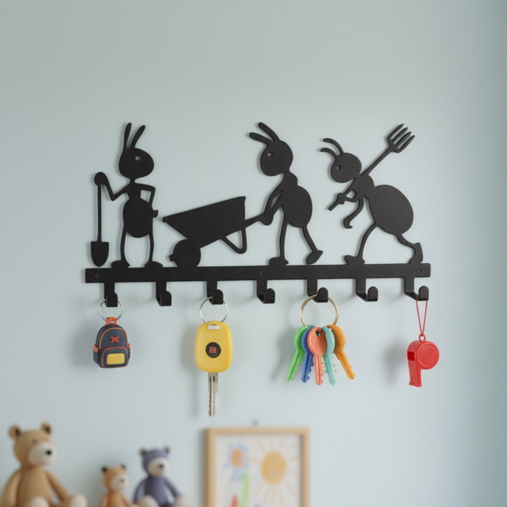 Ant Themed 7-Hook Metal Key Holder Wall Mount Organizer for Kitchen Office