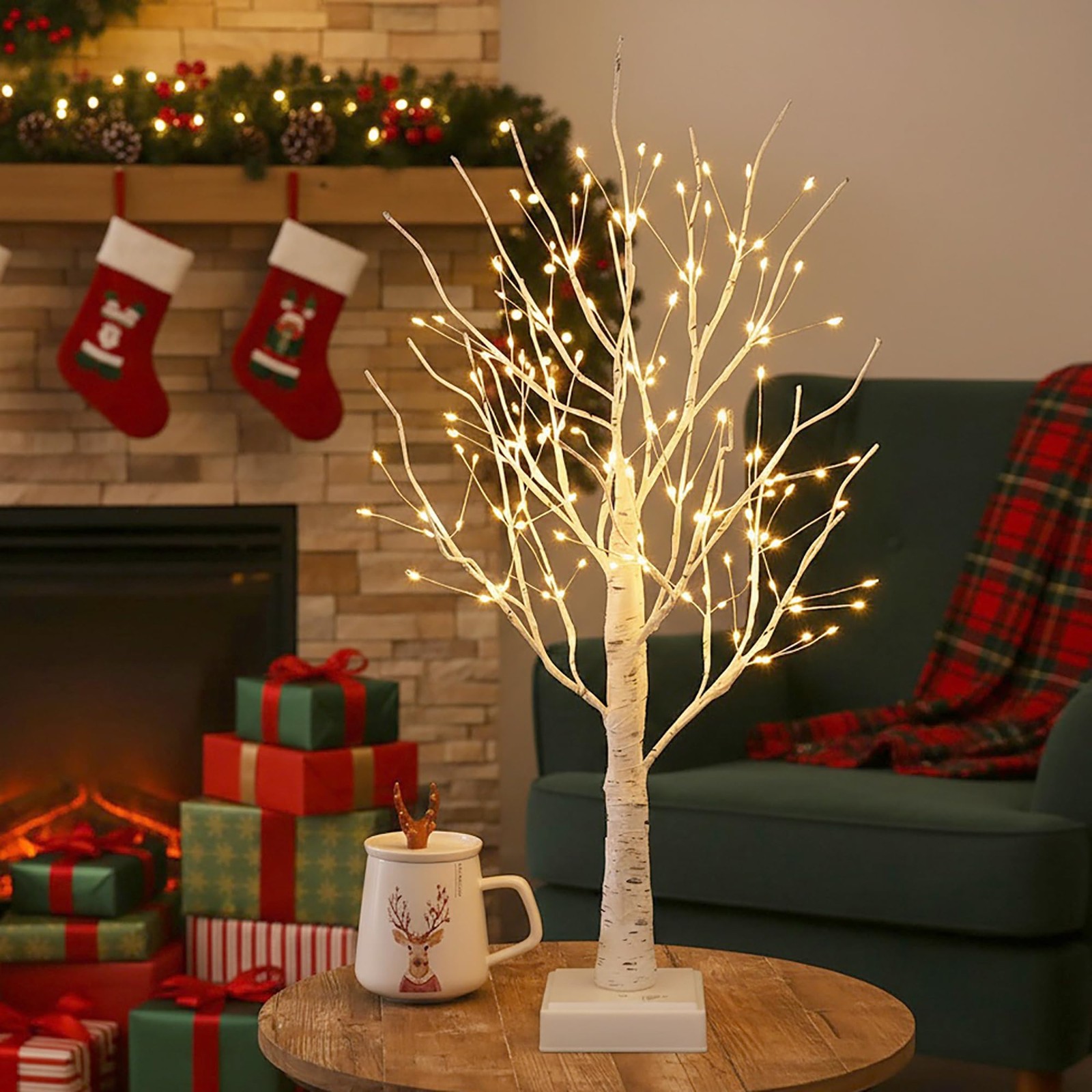 Small Lighted Birch Tree 2FT 144 LED Warm White Tabletop Lamp Timer Room Decor