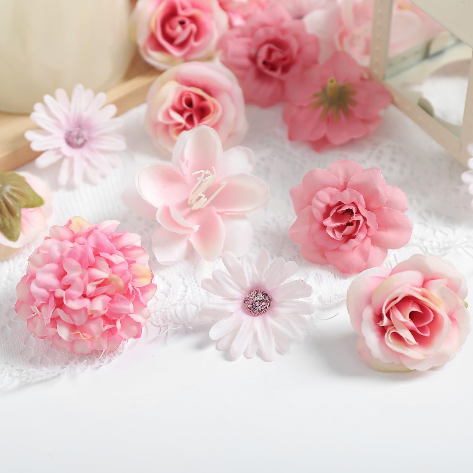 6 PCS Pink Artificial Silk Flower Heads Bulk Roses Daisy Wedding Cake Decor