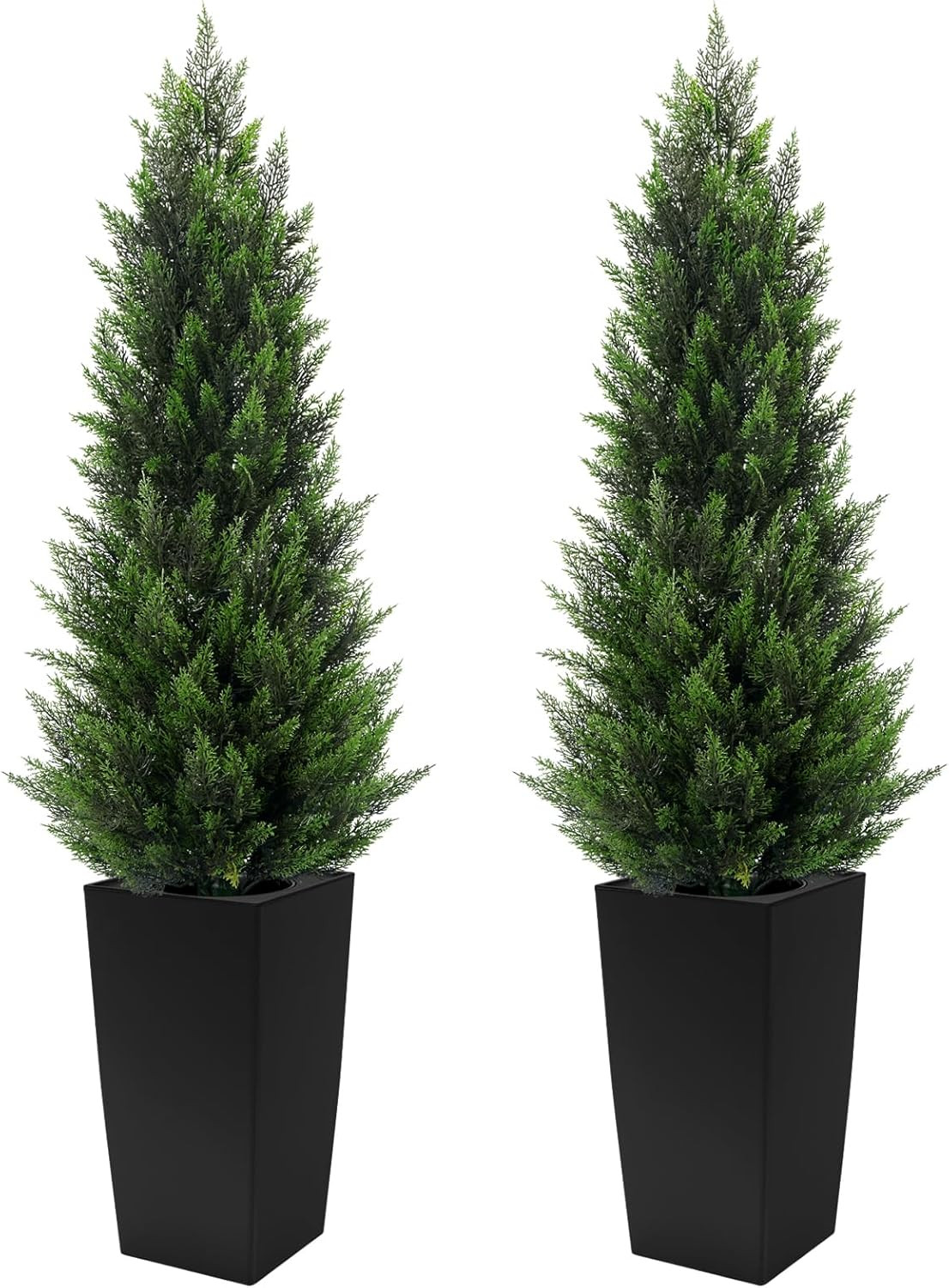 5FT Tall 2 Pack Artificial Cedar Topiary Trees with Compact Pyramidal Shape, Rea