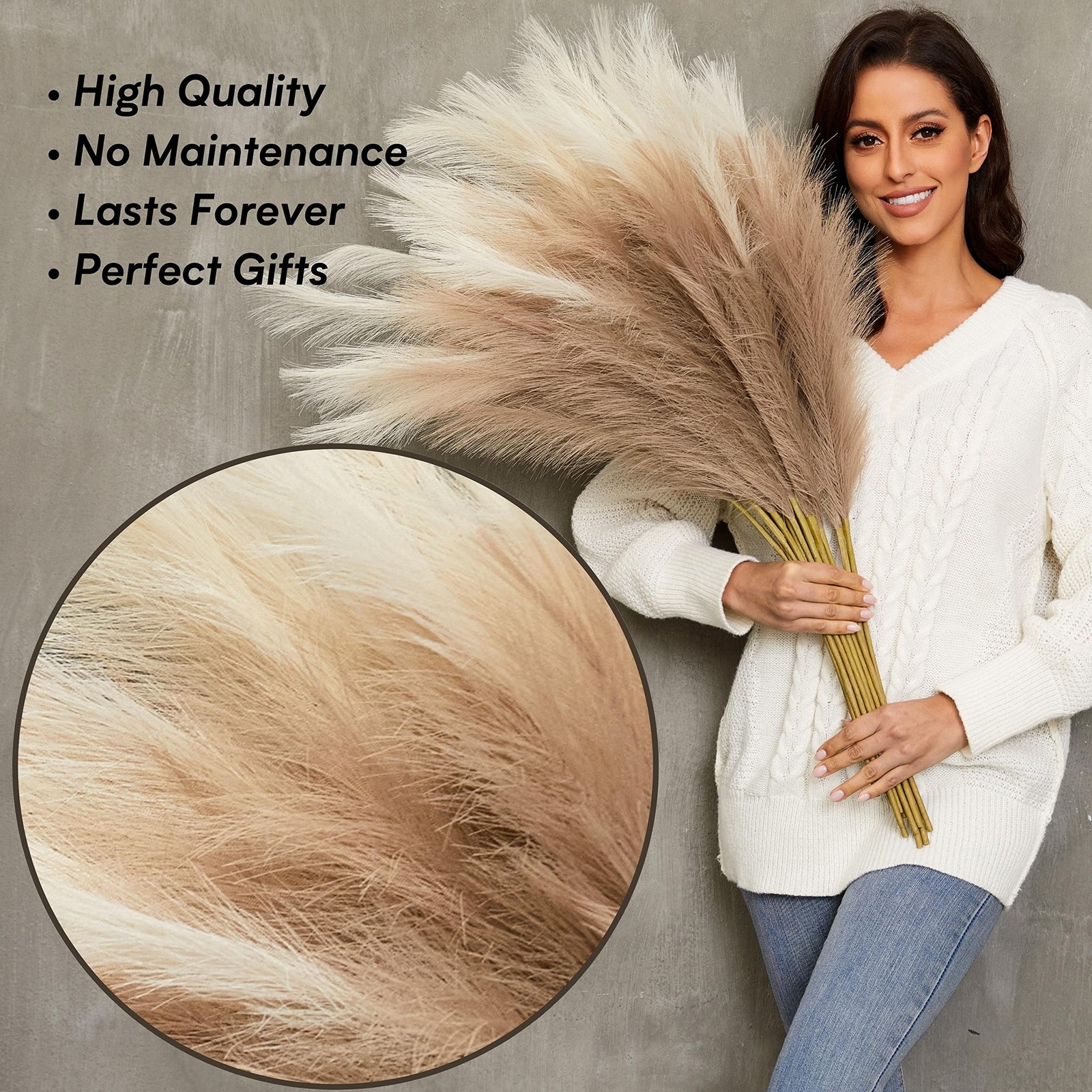 9Pc Faux Pampas Grass 37 Inch Tall Boho Farmhouse Vase Decor