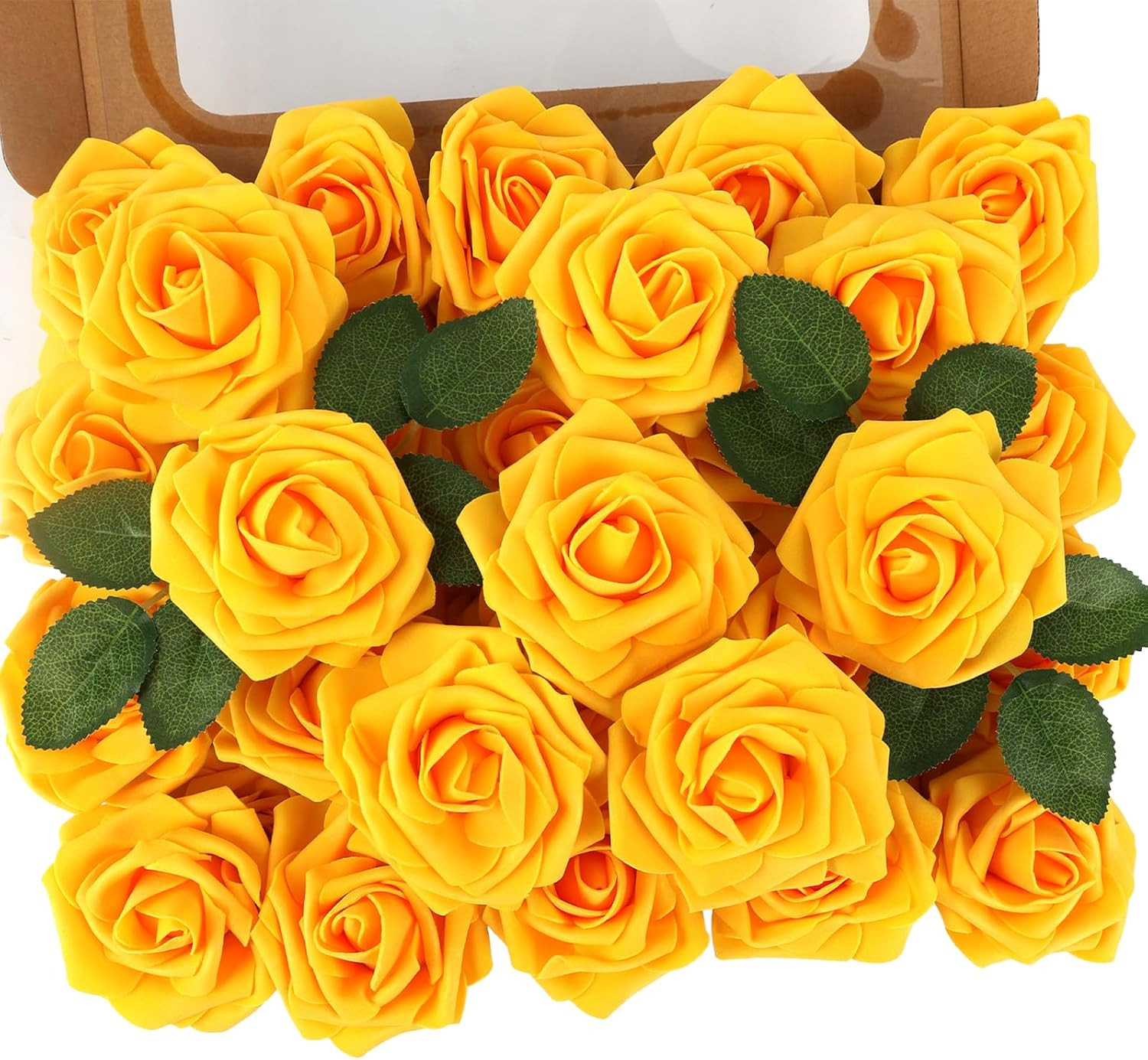 Artificial Yellow Flowers 30PCS Real Touch Fake Flowers Soft Foam Roses with Ste