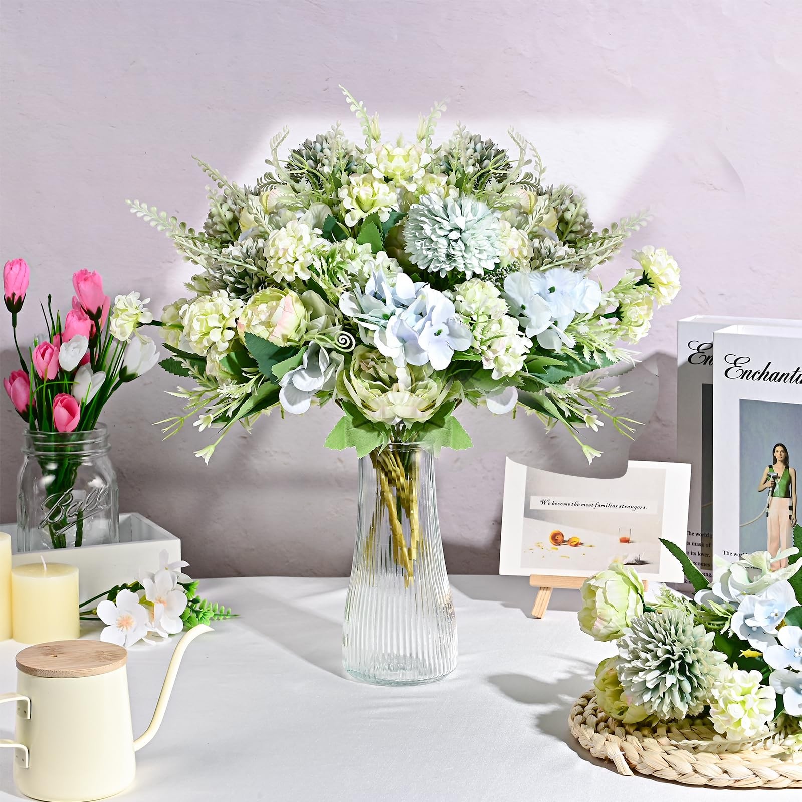 12 PCS Blue Green Peonies Artificial Silk Flowers Fake Bouquet Table Decor