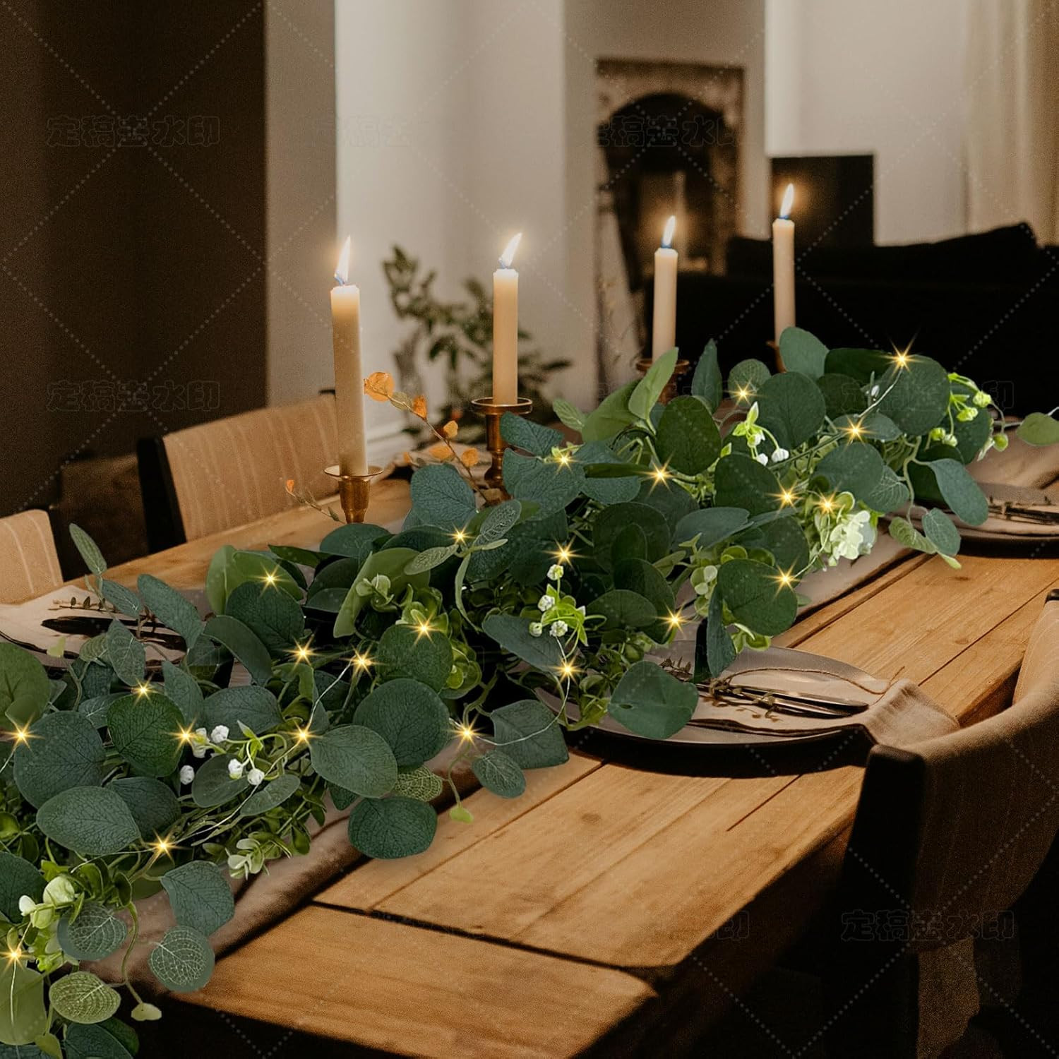 Eucalyptus Garland with Lights, 2 Packs 6FT Green Flower Garland Decor, Artifici