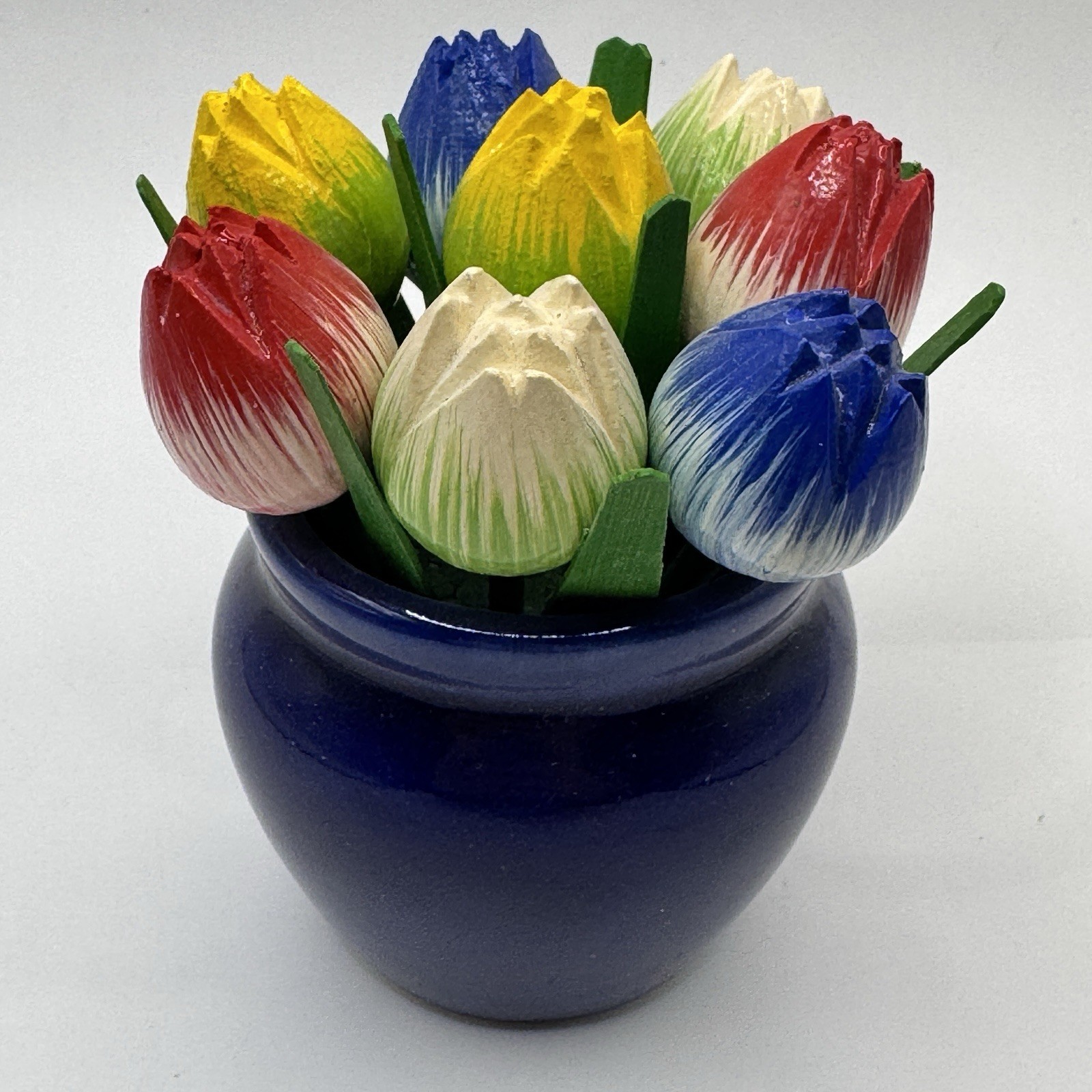 8 Wooden Tulip Flowers In Vase Vtg Mother Day Wedding Handmade Holland Easter