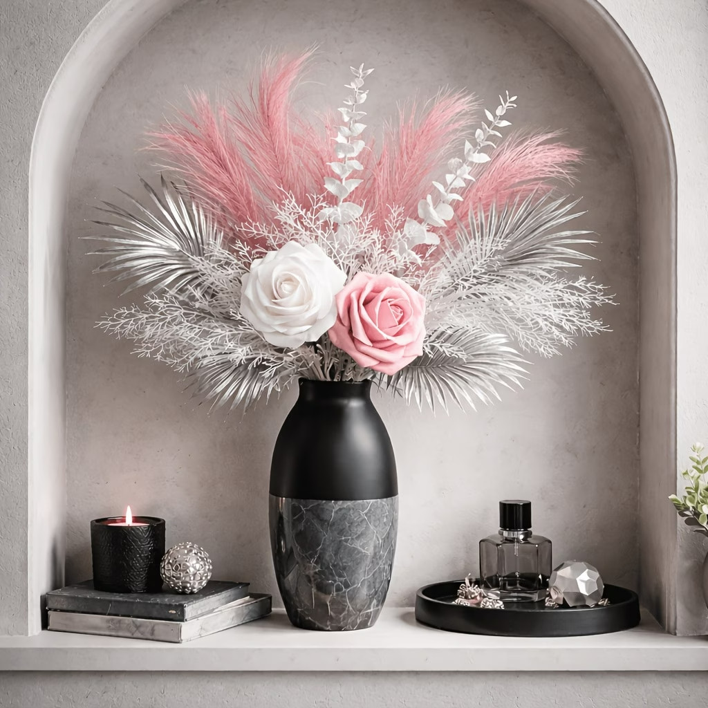 Pink and White Rose Artificial Flower Bouquet with Silvery Feather Decorations.