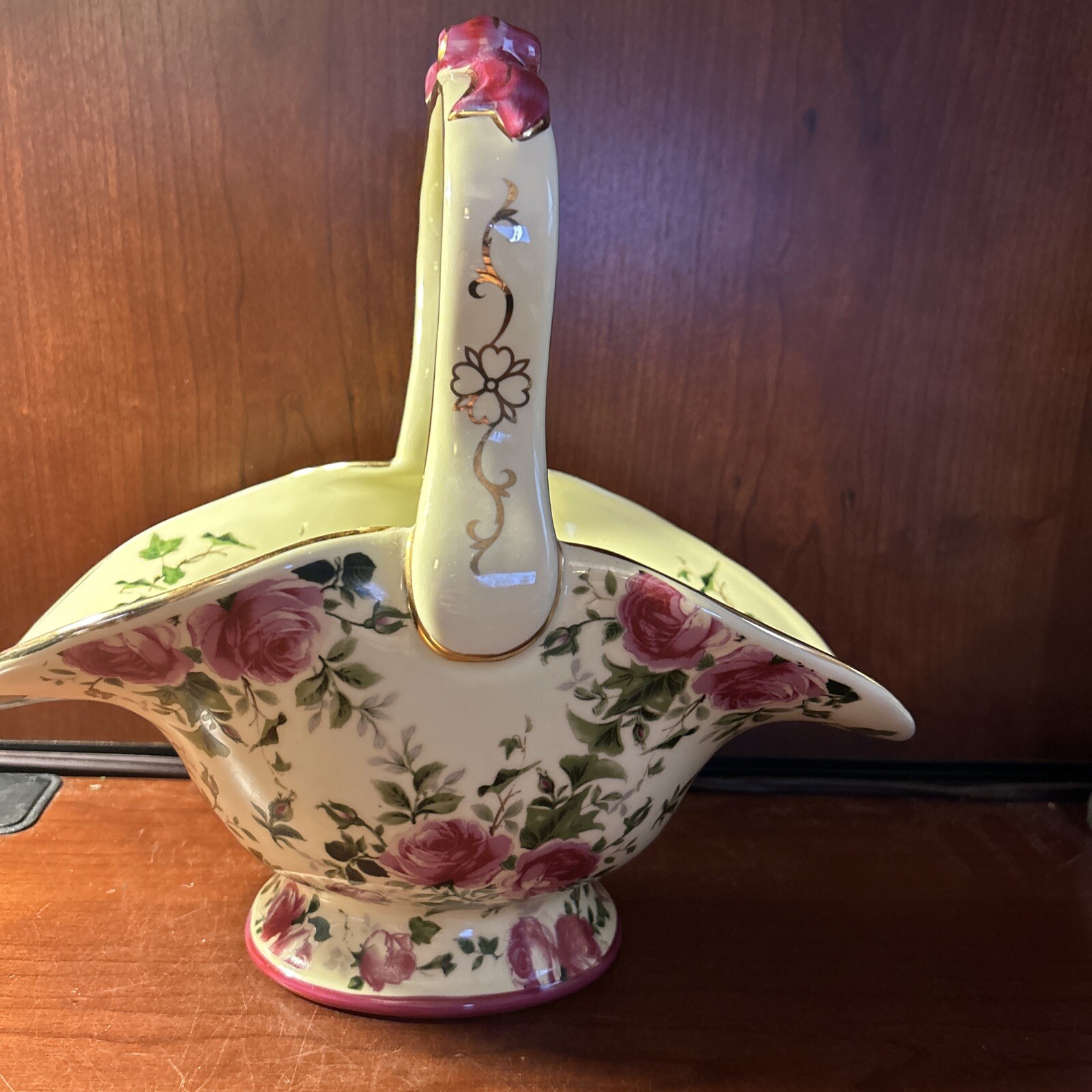 Beautiful Floral Pink Rose And Gold Trimmed Porcelain Basket 11” X 11”