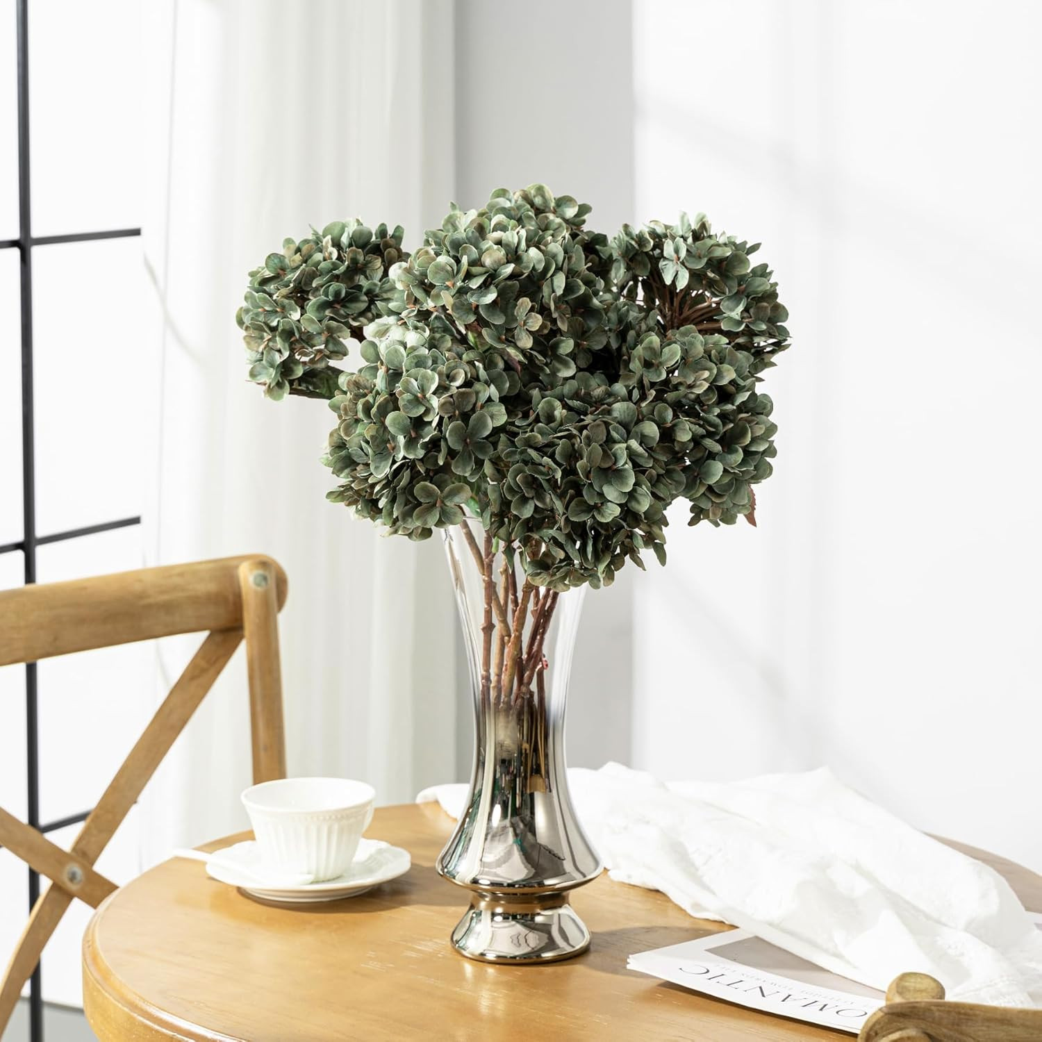 Green Artificial Silk Hydrangea Flowers for Fall Decor – 8 Pcs Bouquet