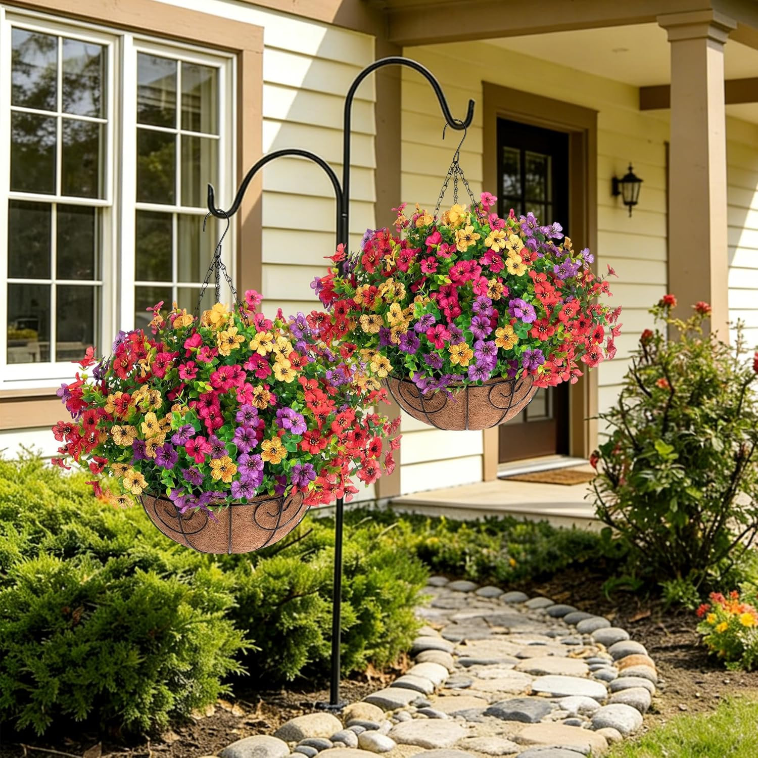 HyeFlora 2 Set Artificial Outdoor Flowers Hanging Basket, Faux Hanging Plants fo