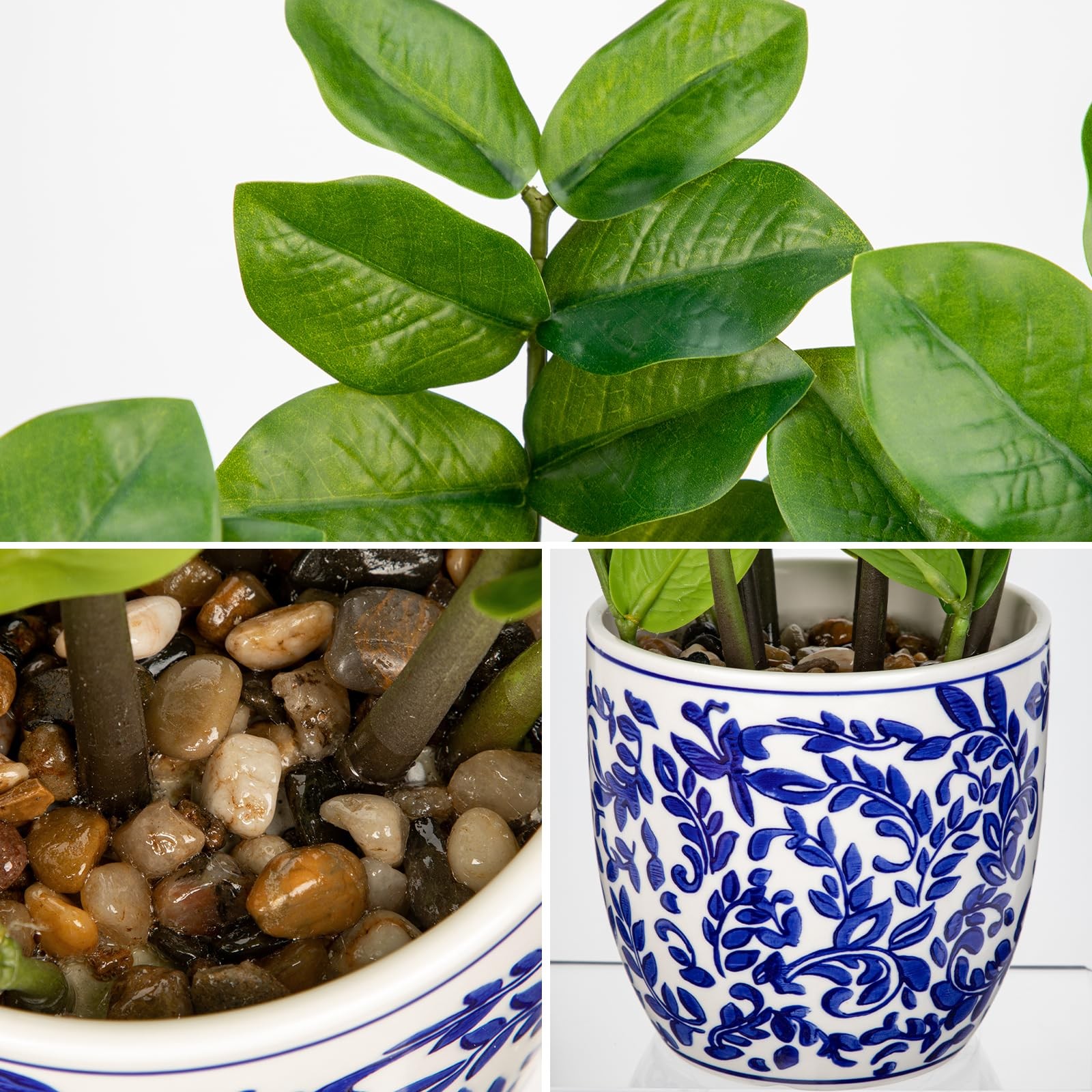 Faux Plants Indoor 15.7in Fake ZZ Silk Plant in Blue and White Ceramic Pot Re…