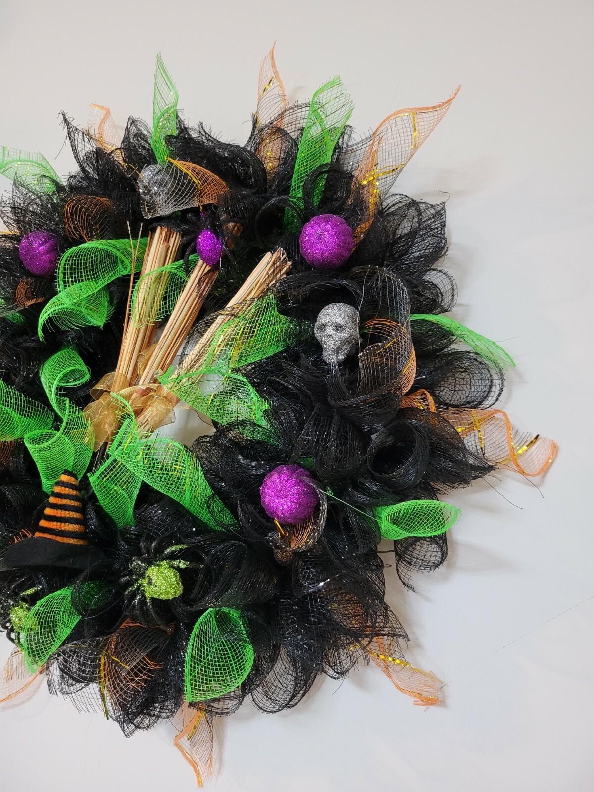 Halloween Deco Mesh Front Door Wreath Wall Decoration 18″ purple green black
