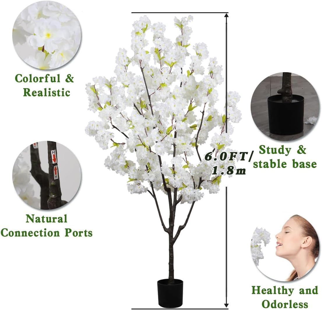 6FT Artificial White Cherry Blossom Tree – Elegant Faux Floral Decor