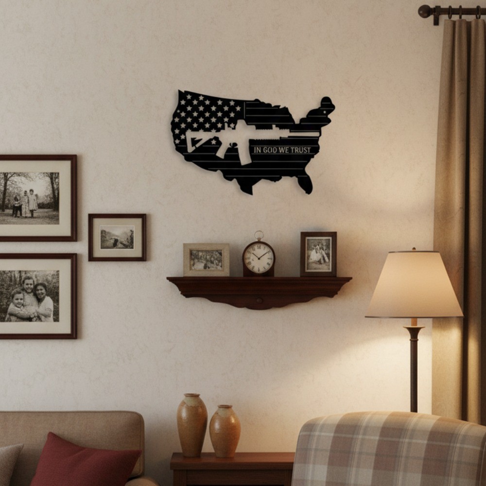 Retro American Flag Submachine Gun Metal Wall Art – Army Home Decor