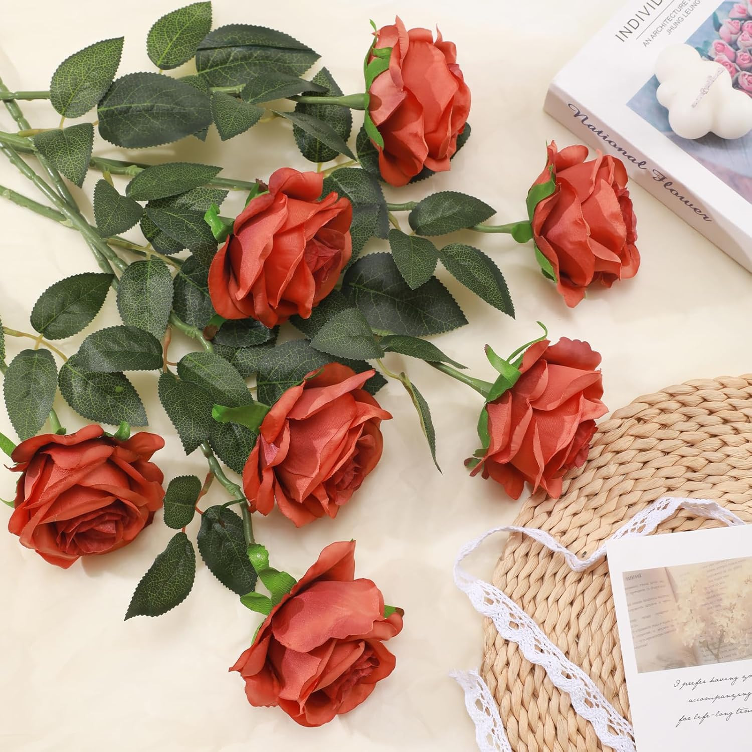 Orange Roses Artificial Flowers -12 Pcs Long Stem Silk Roses, Realistic Fake Ros