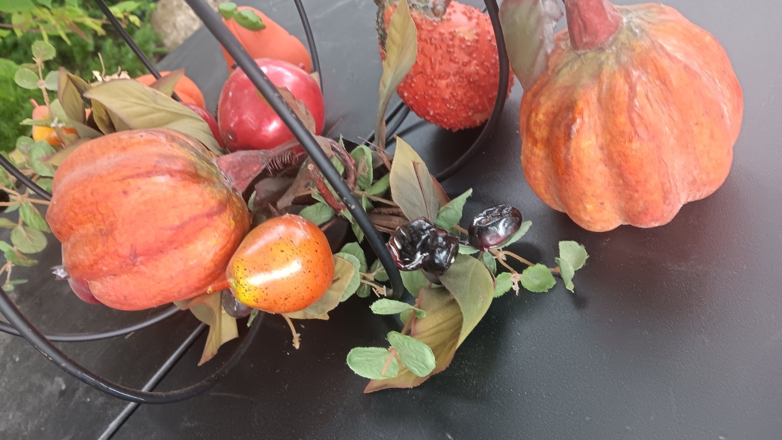 Artificial Pumpkin Apple Centerpiece in Black Metal Frame Halloween 12×24″