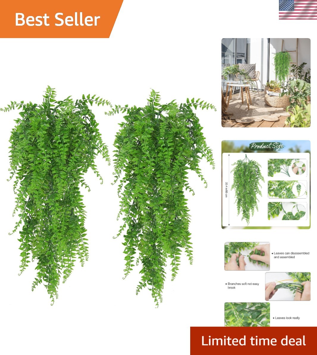 Natural-Looking Hanging Ferns – 2 Pack Fake Ivy for Indoor & Outdoor Use
