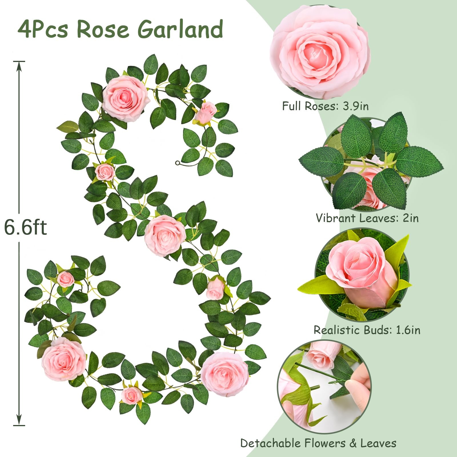 4 Pcs Flower Garland with 39.2 Ft Lights, 26.4 Ft Pink Floral Garland Fake Fl…
