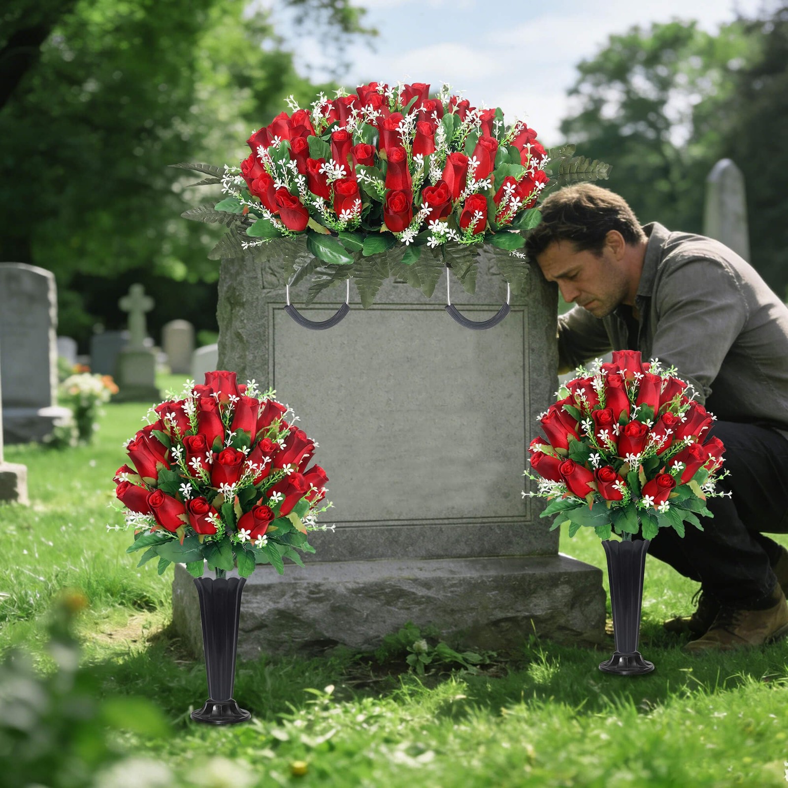 Cemetery Flowers for Grave,Headstone Flower Saddle with 2 Sets Grave Rose Flo…