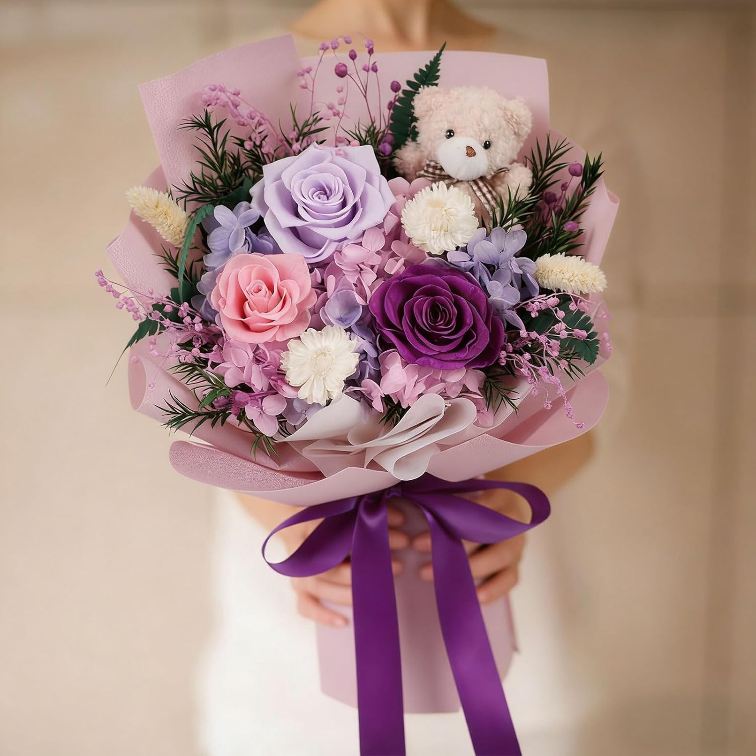 mapleway Preserved Flowers Bouquet with Bear, Long-Lasting Eteranl Flowers for D