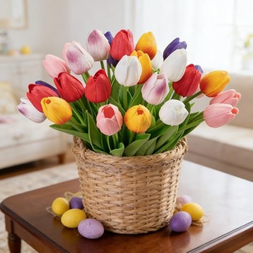 30 Pcs Multicolor Artificial Tulip Flowers Fake Tulips PU Real Multi Color