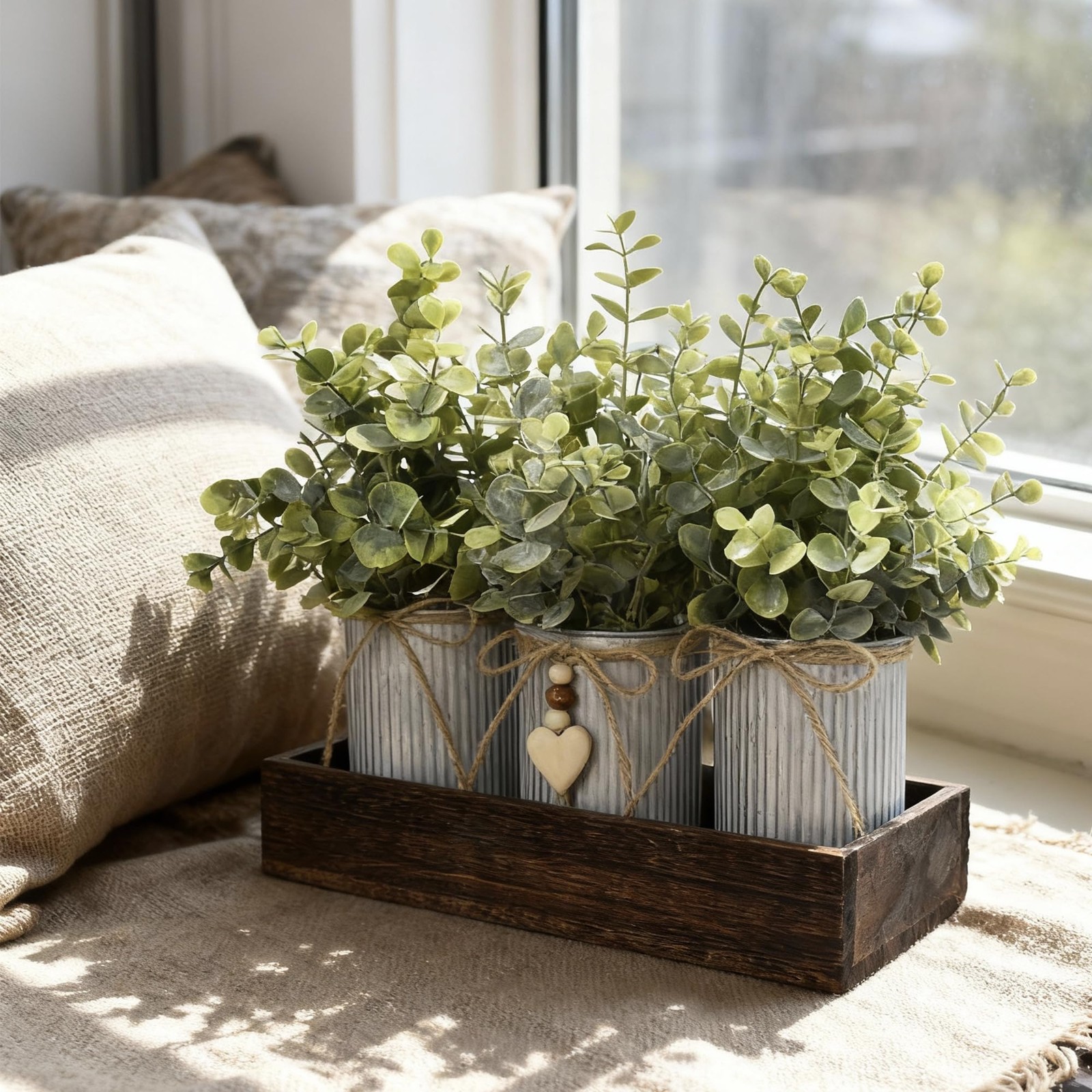 Rustic Farmhouse 3-Piece Artificial Eucalyptus Centerpiece – Wooden Tray with…