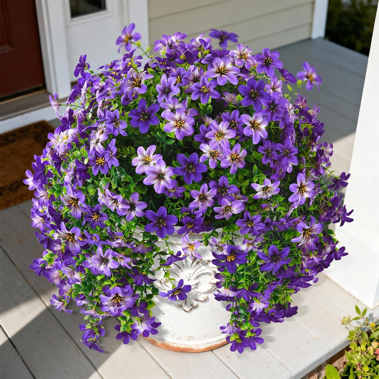 Vibrant Purple Artificial Flowers – 2 Pcs Faux Hanging Plants for Outdoor Decor