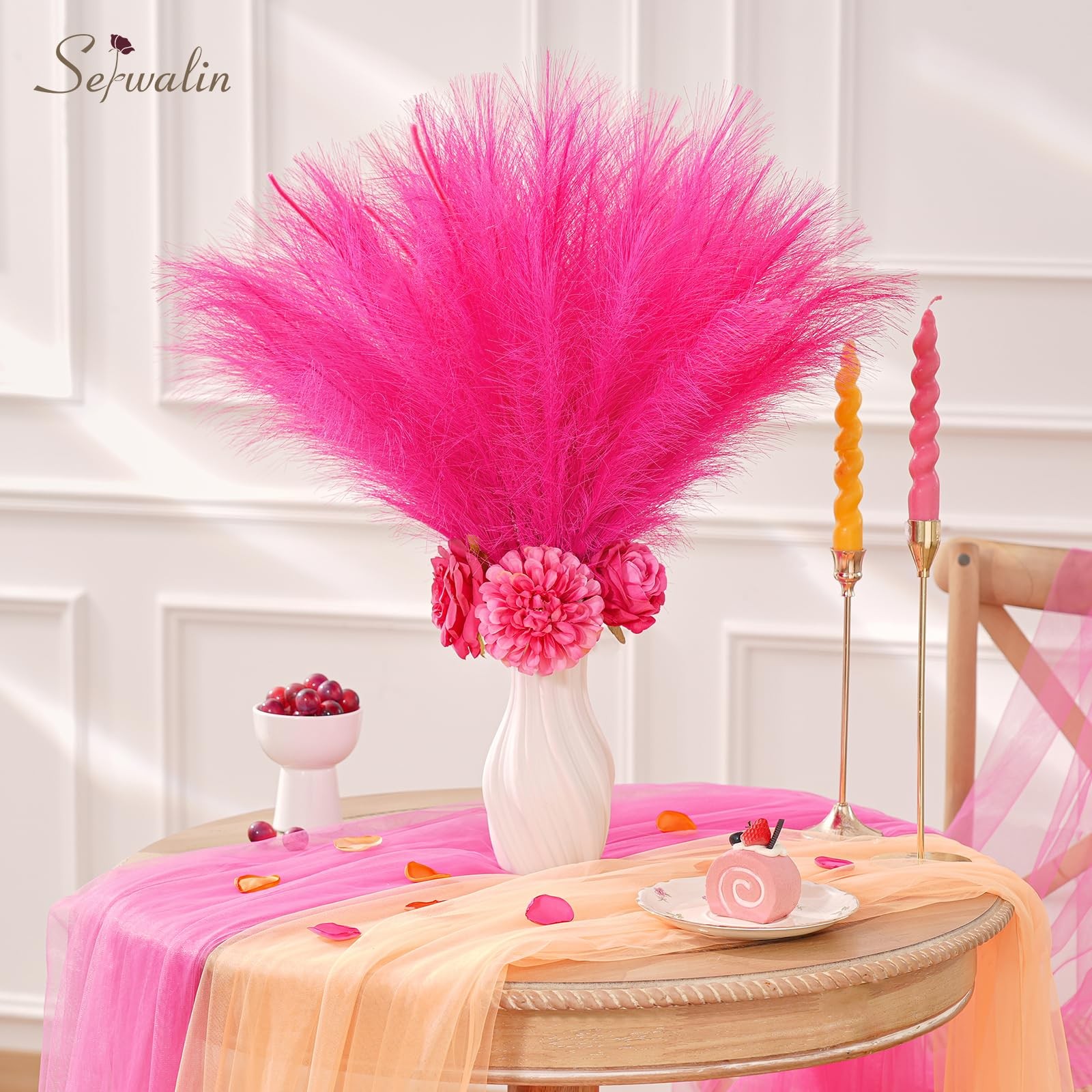 60Pcs Hot Pink Pampas Grass Decor, 17.7” Faux Pampas Grass, Artificial Pampa…