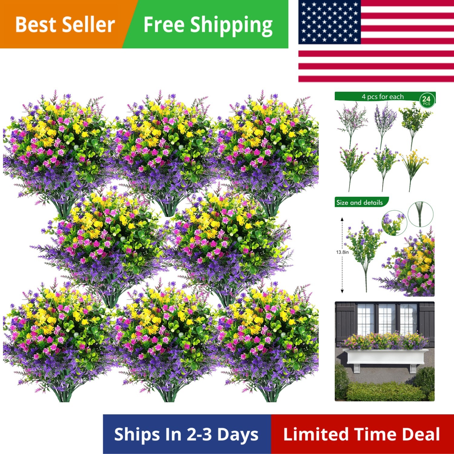 24 Pcs Artificial Flowers Outdoor, Faux Artificial Plants UV Resistant Plasti…