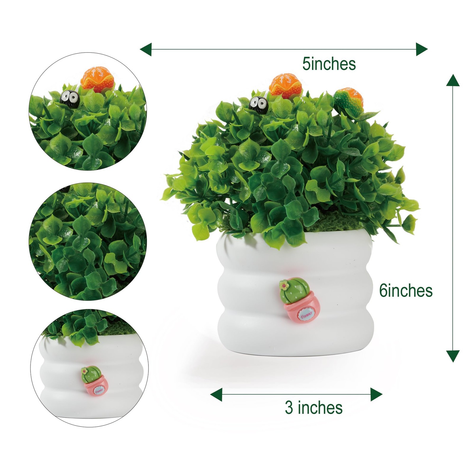 Mini Potted Fake 3 inches (D) x 2 (W) x 3 (H), White+green