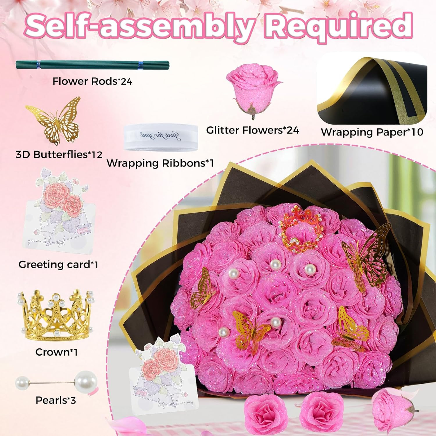 Pink Glitter Roses Bouquet, 24 Pcs Shiny Glitter Flowers Bouquet, Everlasting Ar
