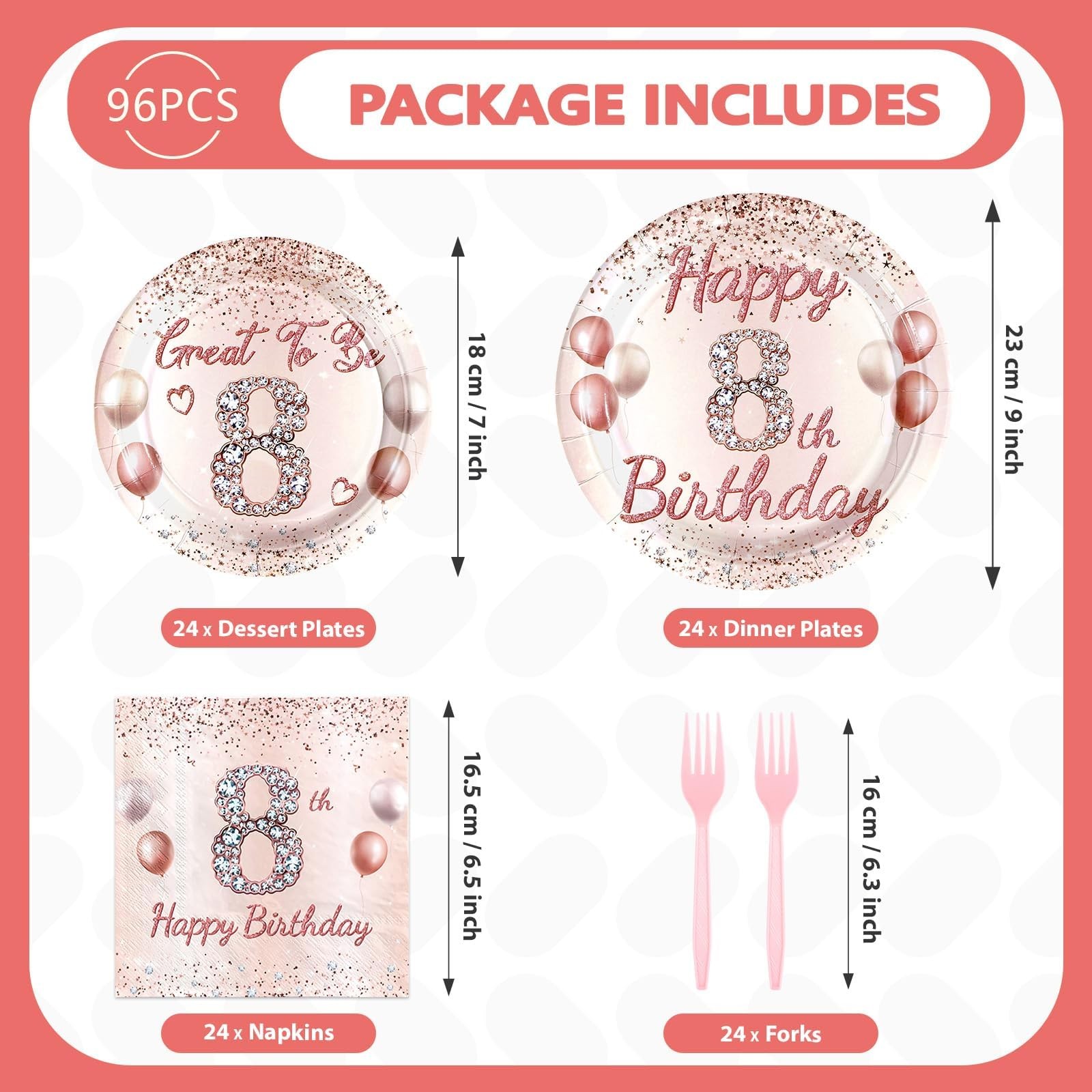 96 Pcs 8th Birthday Party Supplies for Girls Rose Gold 8 Years Old Paper Plat…